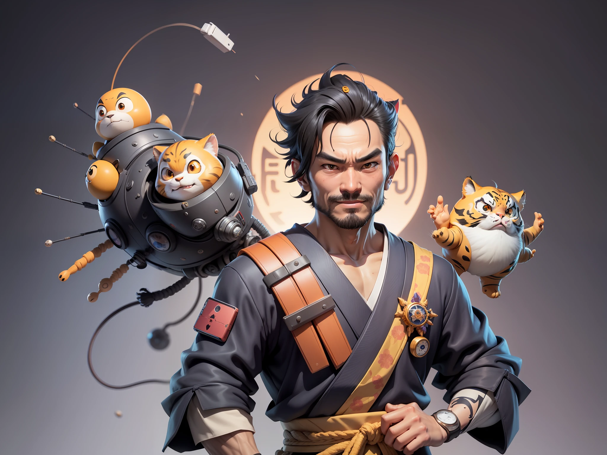 (Daisaku),(Need),(Super meticulous),(full bodyesbian:1.2),Super young man with Japanese geisha,Beautiful,orient,one tiger,Aeolian Thor,Raised sexy,爆乳,Oriental face,TV Anchor,Bust portrait illustration,In black suit,a blue tie,The face is slightly chubby,The face was clean,without a beard,Black super short hair,Black eyes,Smile confidently,3C computer sub-products,iPad, iphone,Digital painting,3D character design by Mark Clairen and Pixar and Hayao Miyazaki and Akira Toriyama,The illustration is a high-definition illustration in 4K resolution,With very detailed facial features and cartoon-style visuals。