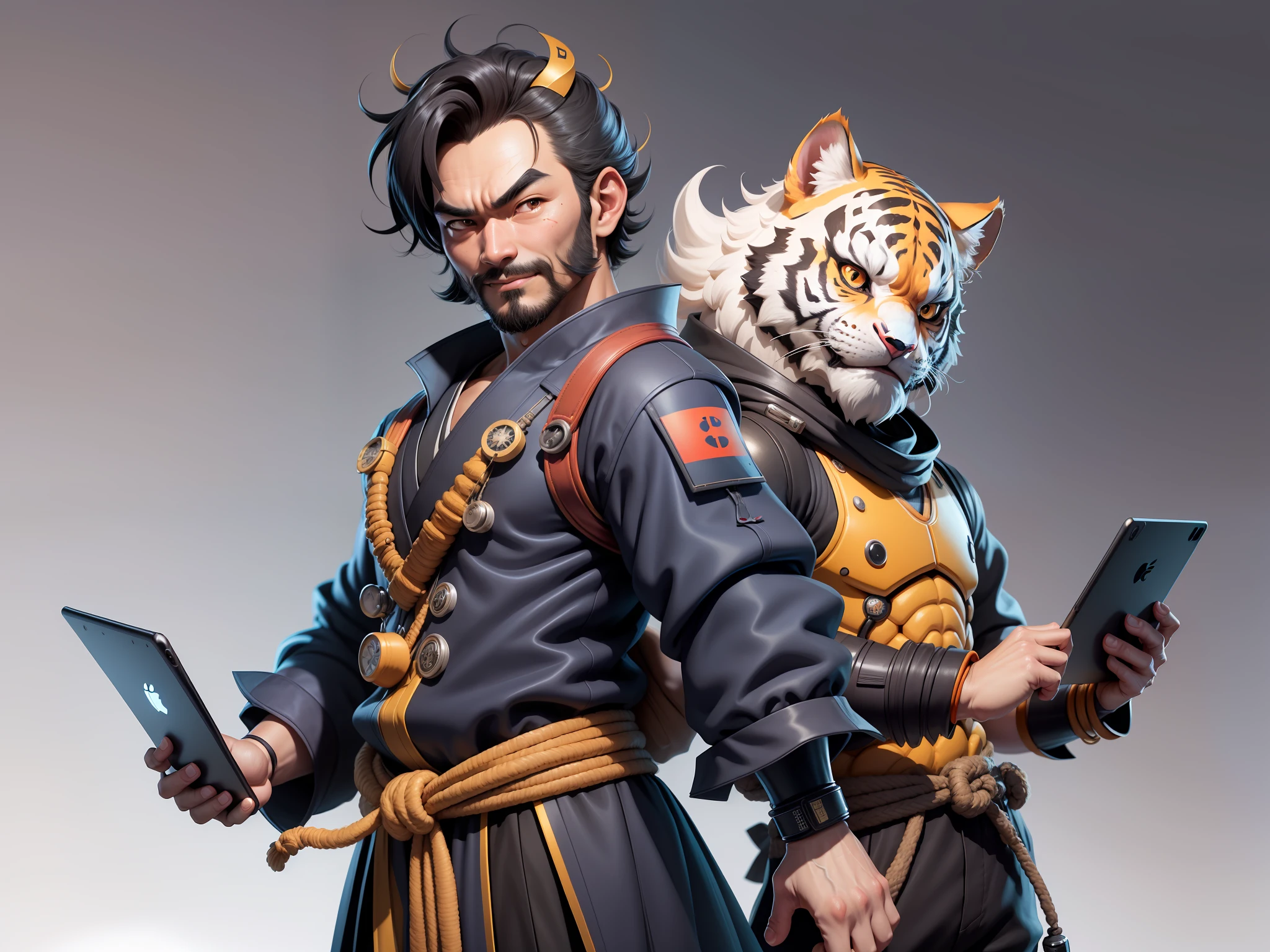 (Daisaku),(Need),(Super meticulous),(full bodyesbian:1.2),Super young man with Japanese geisha,Beautiful,orient,one tiger,Aeolian Thor,Raised sexy,爆乳,Oriental face,TV Anchor,Bust portrait illustration,In black suit,a blue tie,The face is slightly chubby,The face was clean,without a beard,Black super short hair,Black eyes,Smile confidently,3C computer sub-products,iPad, iphone,Digital painting,3D character design by Mark Clairen and Pixar and Hayao Miyazaki and Akira Toriyama,The illustration is a high-definition illustration in 4K resolution,With very detailed facial features and cartoon-style visuals。