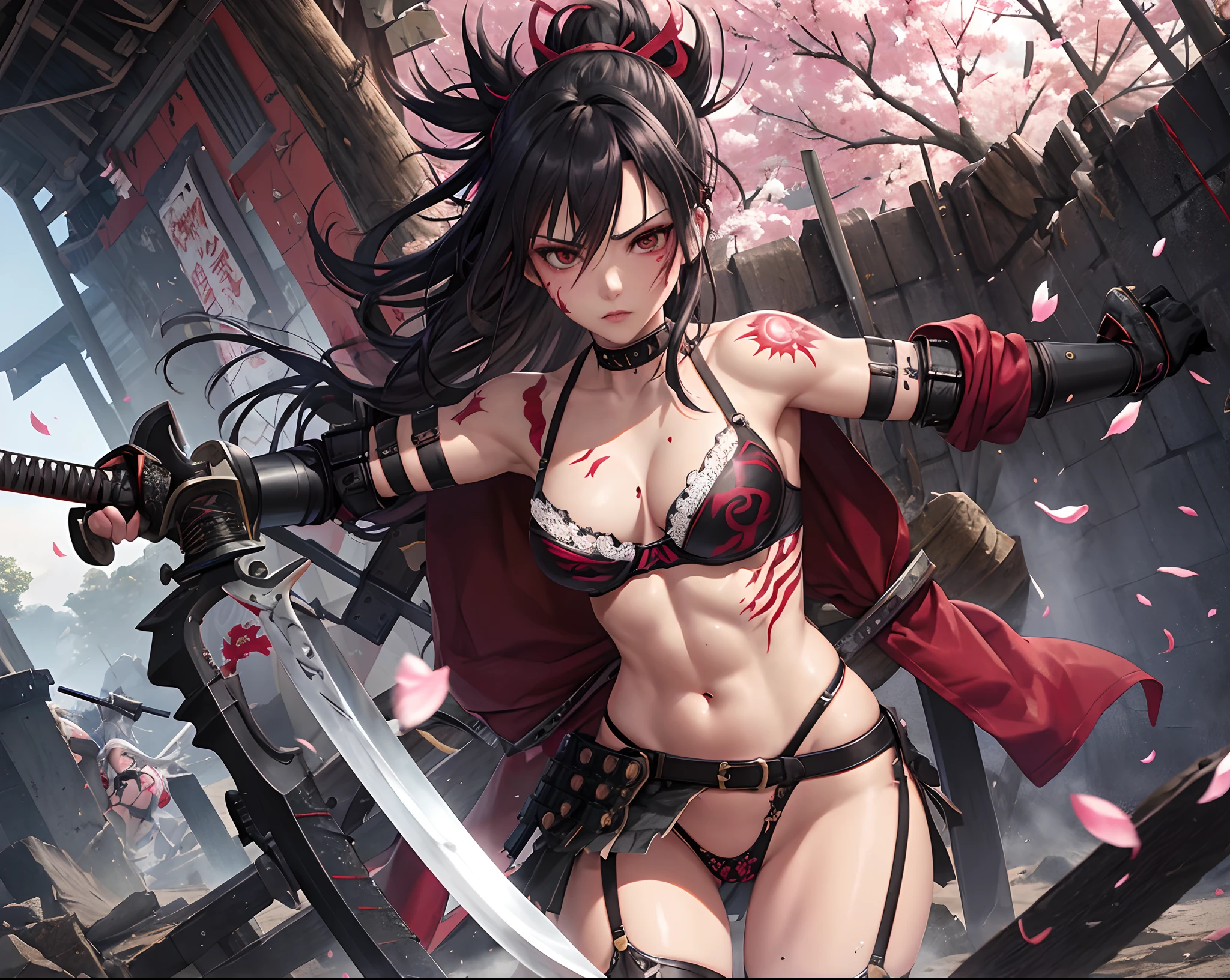 ripped up bra, ripped up clothes, destroyed armor. Punk. slutty. lesbian sex. Sword fight. Katana. Claymore. Sensual Female shinobi fighting Sensual Female Knight. Revealing armor, exposed torso, lace bra, garter straps, low angle shot, Seductive, ((Cyborg head)), masterpiece, high quality, best quality, beautiful, hd, perfect lighting, detailed face, detailed body, (2 women), Messy Hair, colorful hair, tattoos, piercings, samurai, fighting, wind, (sakura), sakura petals, (brutal), sexual, full body, minor wounds. Scanty. battlefield. Bloody, Ripped bra, ripped clothes, Roaring Battle, Battlefield background