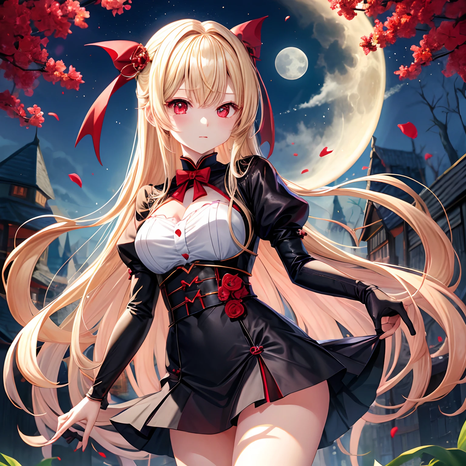 a blond、red eyes、One cute vampire girl、独奏、animesque、doress、a miniskirt、a moon、蝙蝠の羽