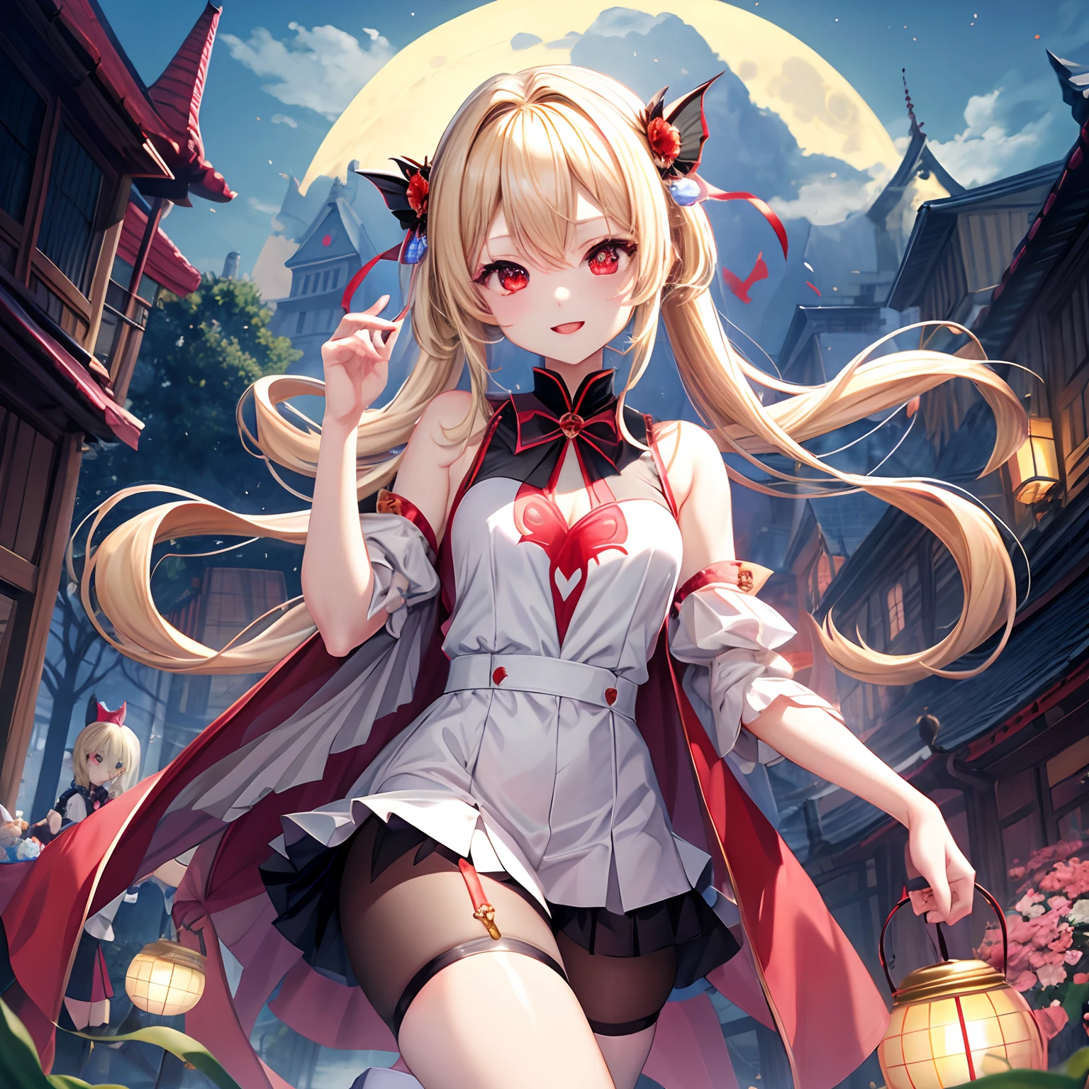 a blond、red eyes、One cute vampire girl、独奏、animesque、doress、a miniskirt、a moon、蝙蝠の羽
