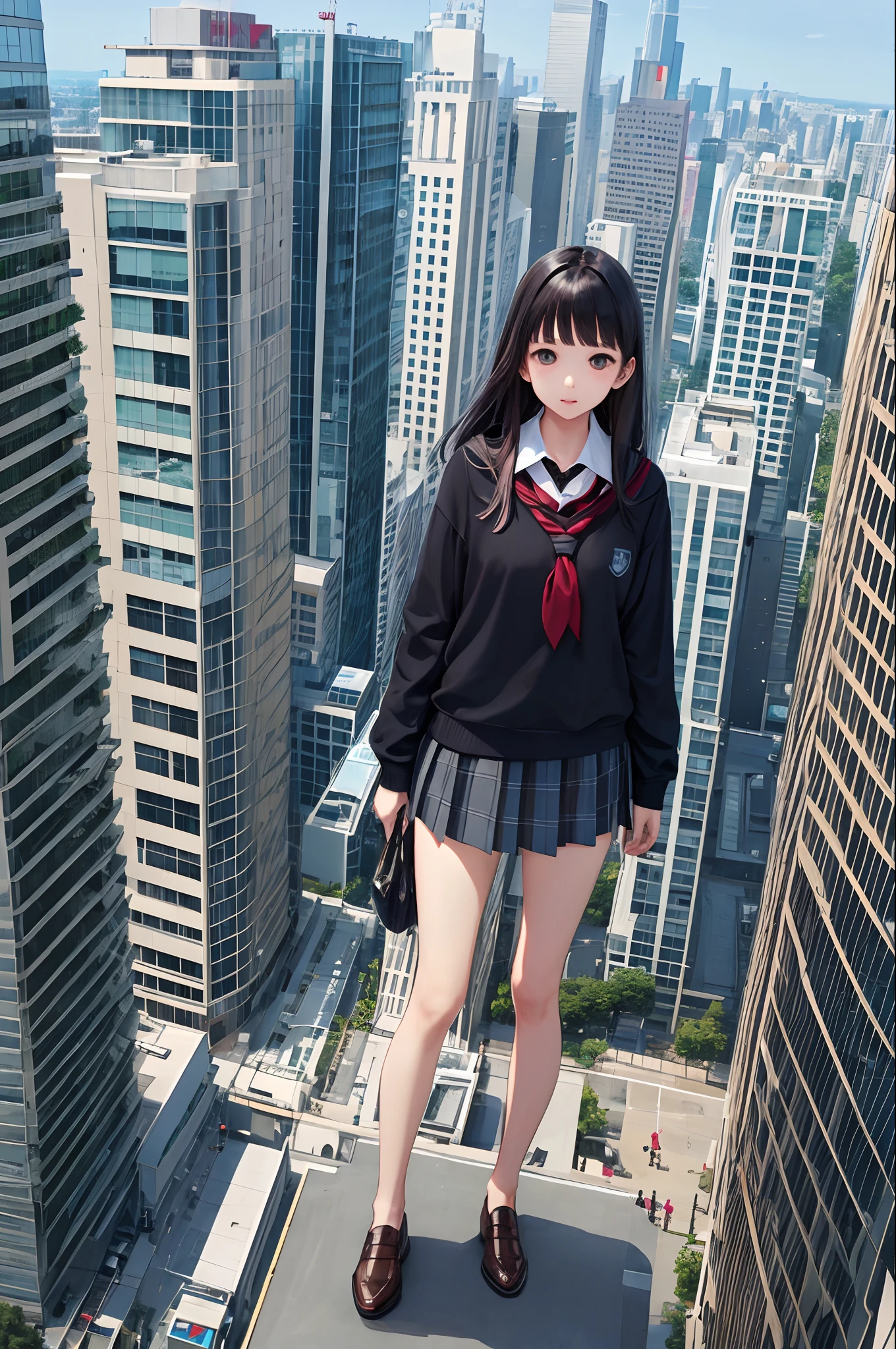 Giant Schoolgirl、City of miniatures、bare-legged、low angles