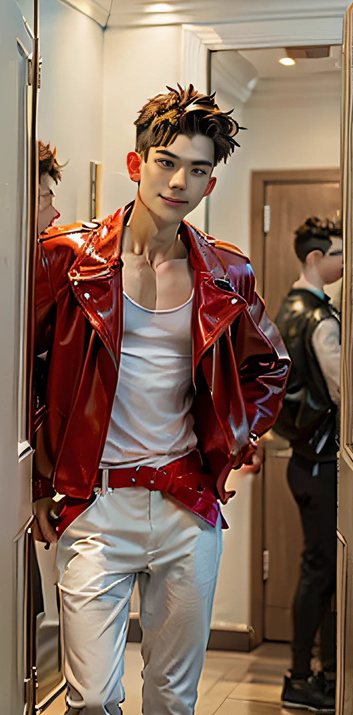 a gay 25 year old man with smooth skin and blond hair stands in front of a mirror, with a slight smile of pride for working out and being fit. Create an interesting portrait of this gay man. add a red leather jacket to each model