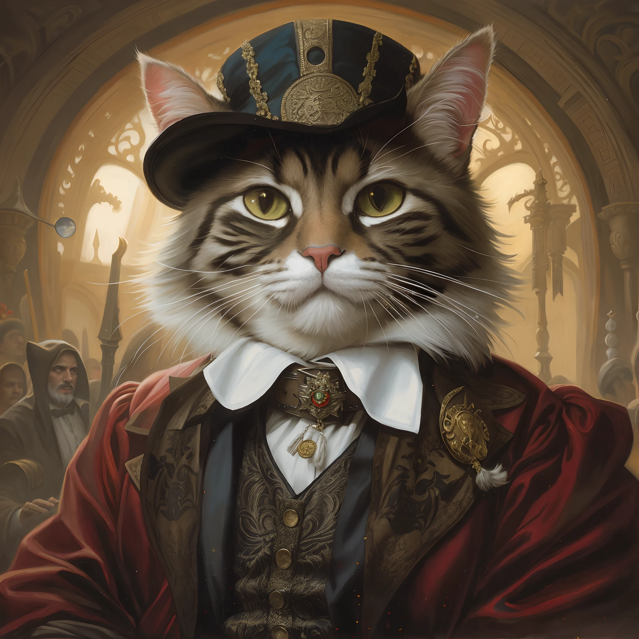 The Gypsy Baron Cat, joke, parody, humor, 3D, full-frame painting, photorealistic, high details, intricate details, by caravaggio,  professional photo, sharp focus, Artgerm, Tomasz Alen Kopera, Peter Mohrbacher, donato giancola, Joseph Christian Leyendecker, WLOP, Boris Vallejo,  Giger, 3d render, intricate details, the whole object is in the frame, trending on artstation, masterpiece