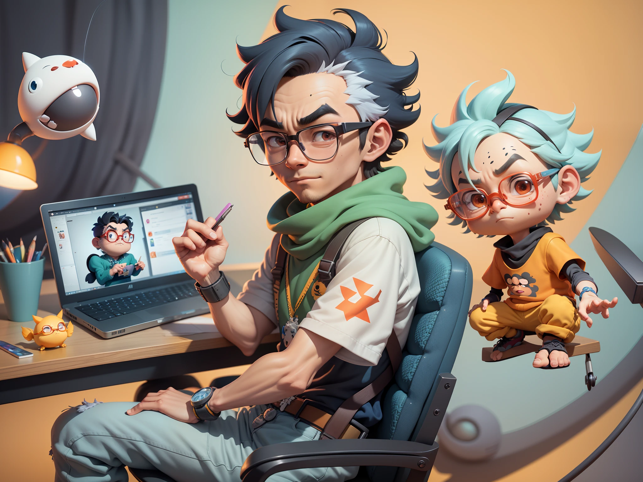 A young man with glasses sits at his desk，holding laptop，digitial painting，3D character design by Mark Clairen and Pixar and Hayao Miyazaki and Akira Toriyama，4K HD illustration，Very detailed facial features and cartoon-style visuals。