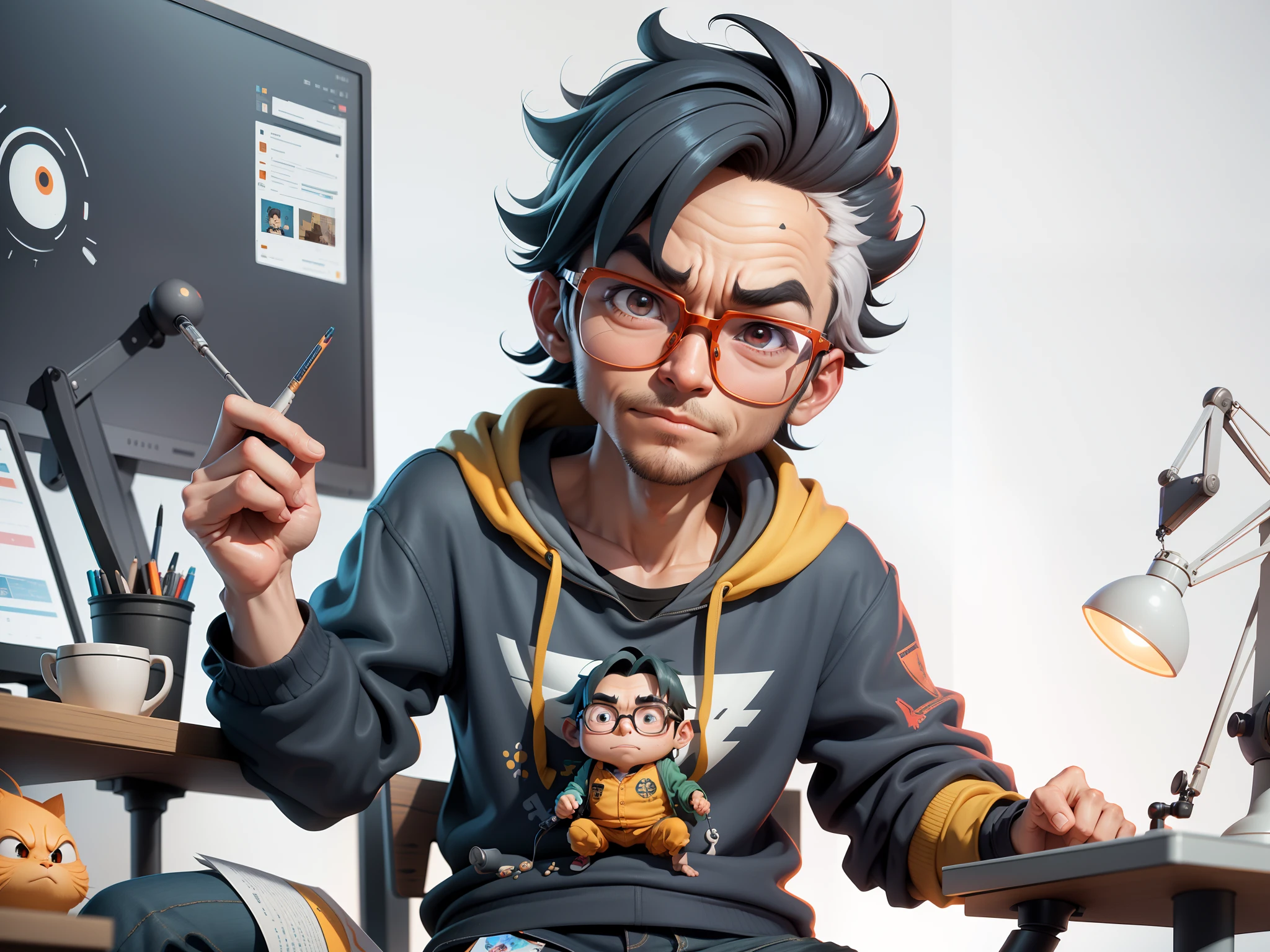 A young man with glasses sits at his desk,holding laptop,digitial painting,3D character design by Mark Clairen and Pixar and Hayao Miyazaki and Akira Toriyama,4K HD illustration,Very detailed facial features and cartoon-style visuals。