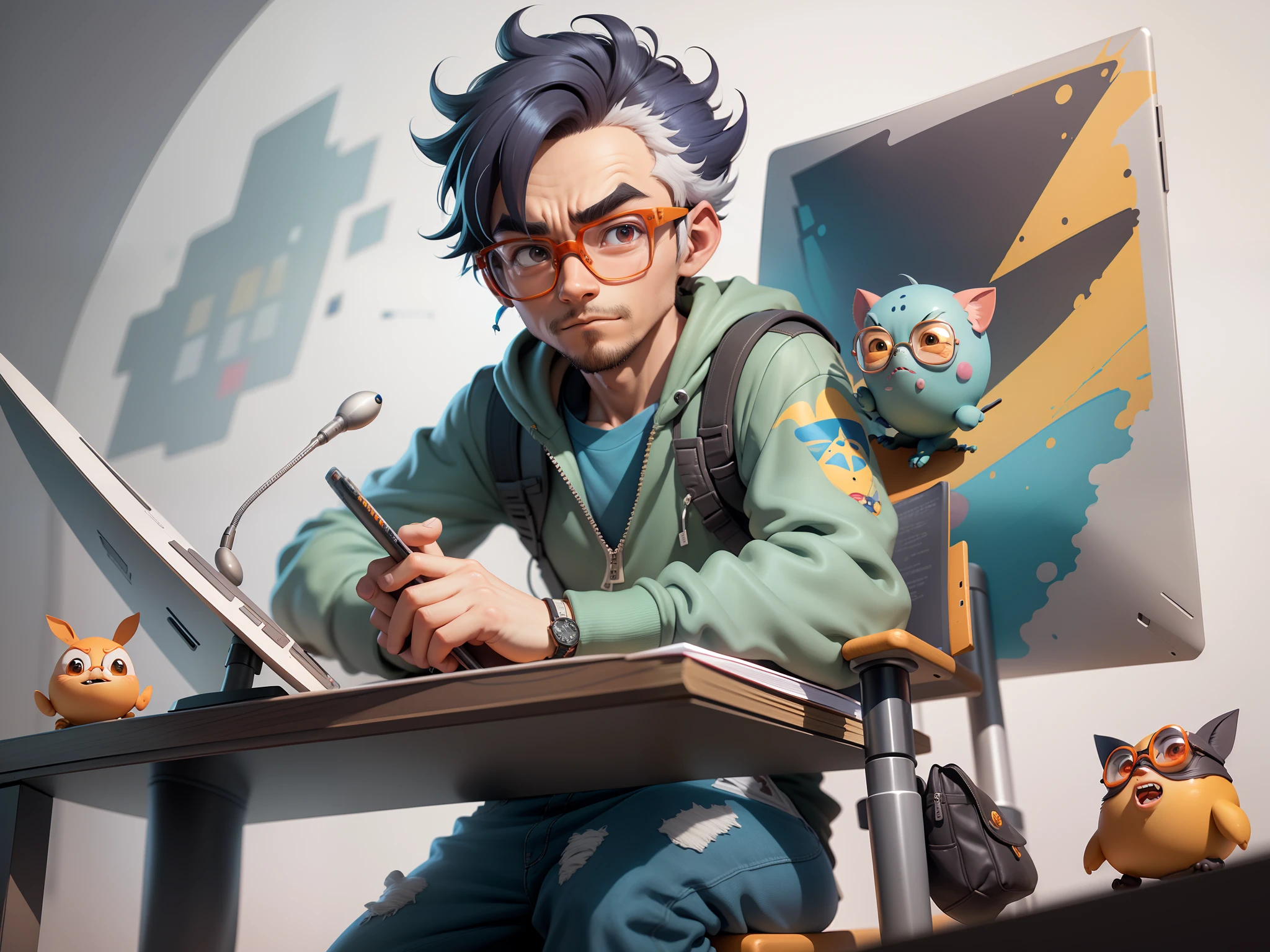 A young man with glasses sits at his desk,holding laptop,digitial painting,3D character design by Mark Clairen and Pixar and Hayao Miyazaki and Akira Toriyama,4K HD illustration,Very detailed facial features and cartoon-style visuals。