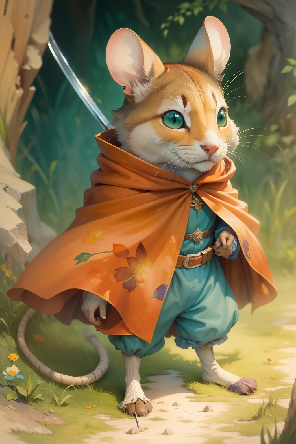 comic style, painted in vivid watercolor, swordsman biped mouse, red cape, green eyes, orange, blue. yellow, extremely detailed, highly detailed, masterpiece, fairy tale background, wonderland, dynamic colors, fairy tale light, by beatrix potter and Jean-Baptiste Monge, 32k UHD
