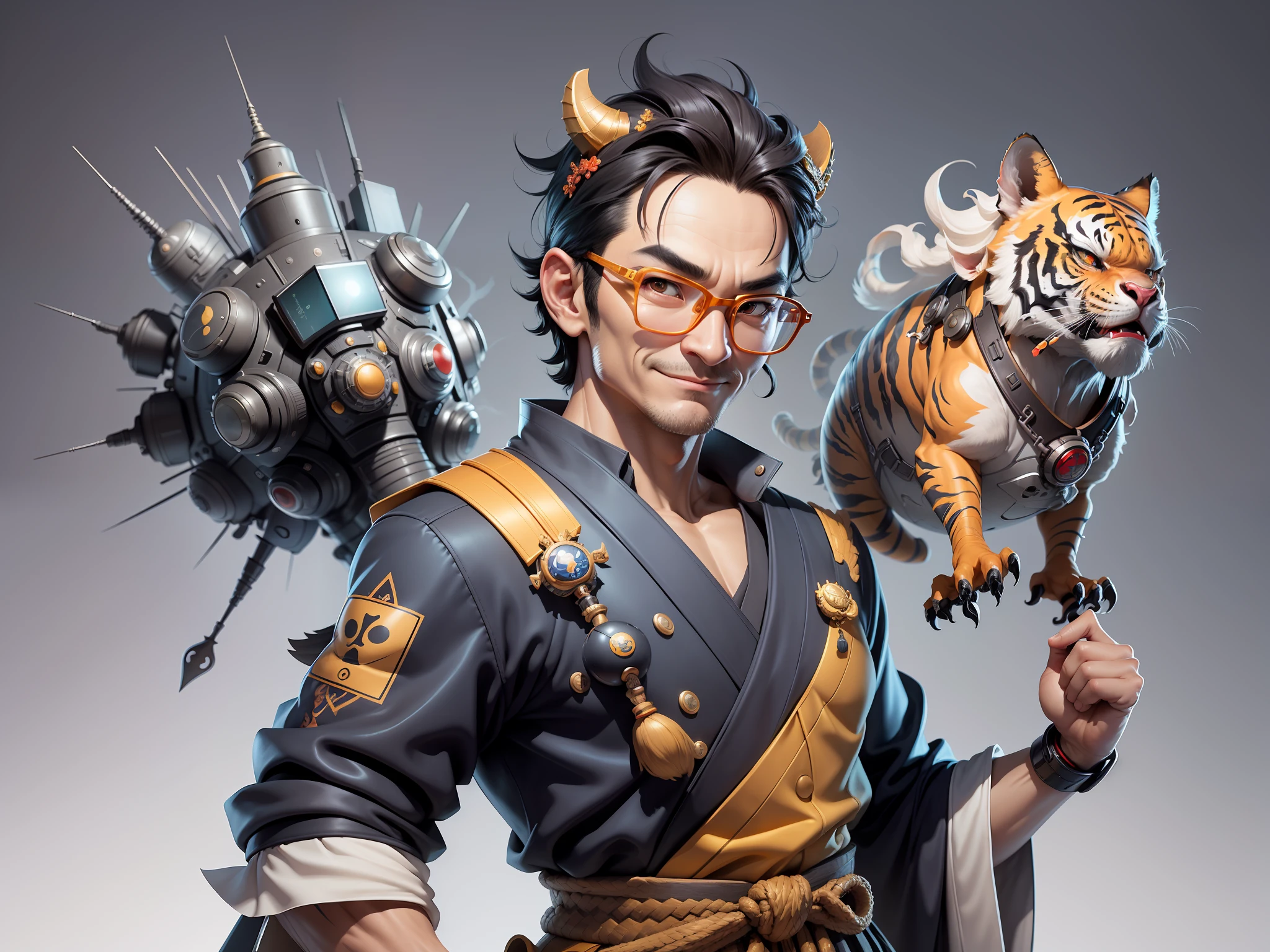 (Masterpiece), (Excellent), (Super Meticulous), (Full Body: 1.2), Super Young Man with Japanese Female Geisha, Pretty, Beautiful, Chinese Dragon, Tiger, Wind God Thor, Sexy, Bursting, Oriental Face, TV Anchor, Bust Portrait Illustration, Black Suit, Blue Tie, Slightly Chubby Face, Silver Glasses, Very Clean Face, No Beard on Chin, Black Super Short Hair, Black Eyes, Confident Smile, 3c Computer Sub-Products, iPad, iPhone, Digital Painting, 3D character design by Mark Clairedon and Pixar and Hayao Miyazaki and Akira Toriyama, the illustrations are HD illustrations in 4K resolution with highly detailed facial features and cartoon-style visuals.