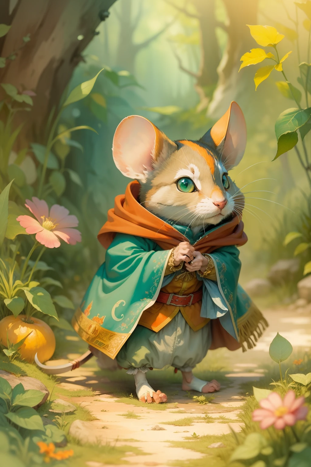 comic style, painted in vivid watercolor, swordsman biped mouse, red cape, green eyes, orange, blue. yellow, extremely detailed, highly detailed, masterpiece, fairy tale background, wonderland, dynamic colors, fairy tale light, by beatrix potter and Jean-Baptiste Monge, 32k UHD