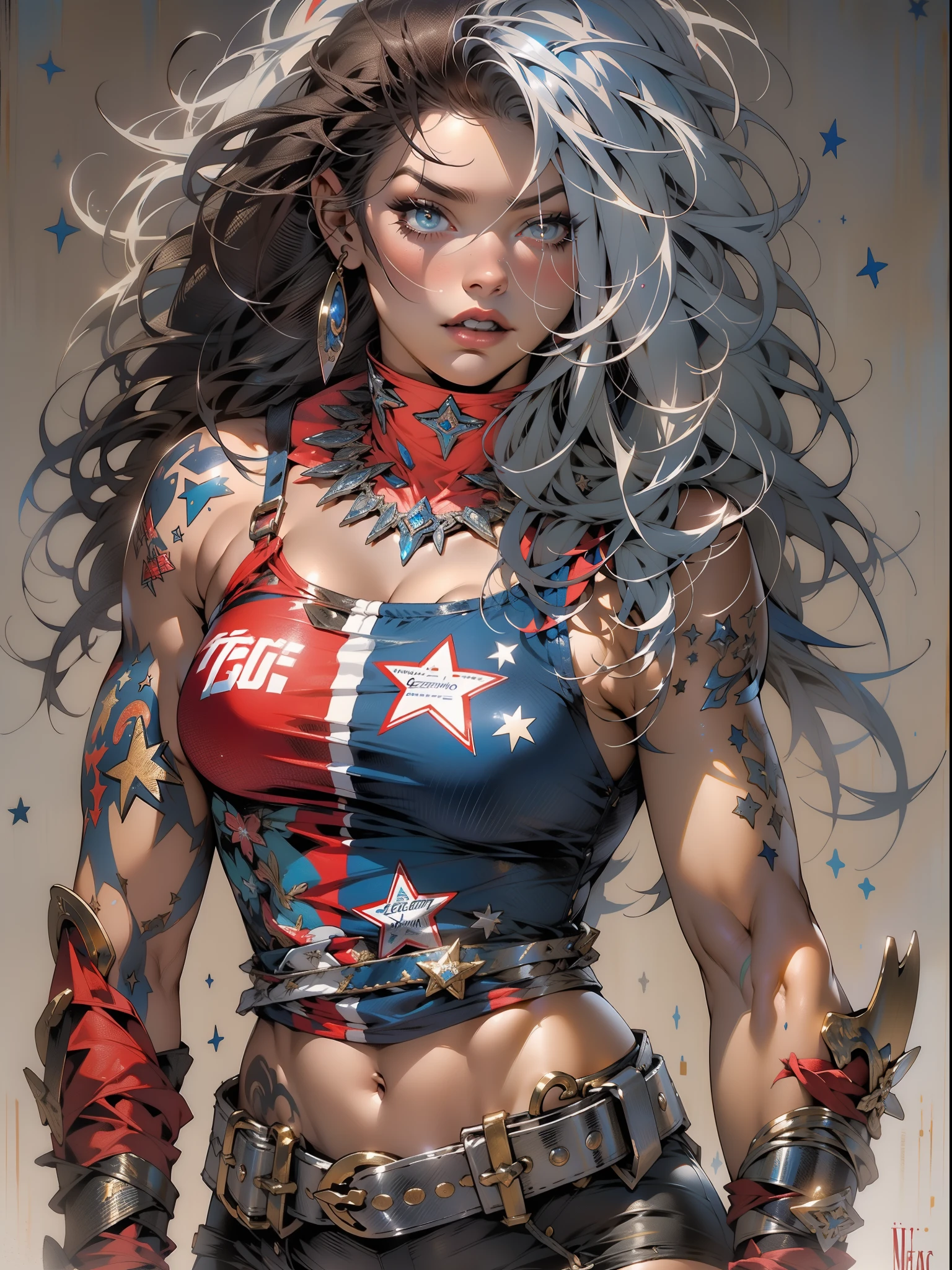 (((mulher))), (((melhor qualidade))), (((obra prima))), (((adulta))), Uma guerreira mulher de 35 anos com corpo perfeito, Brooklyn Gladiators, (( under boobs )), quase nua no estilo selvagem urbano de Simon Bisley para a capa da revista Heavy Metal, cabelo loiro, Minimum clothing, armadura (azul escuro com estrelas brancas e vermelho com listras brancas), cheio de pontas e rebites manchadas de tinta, tatuagem de estrelas de 5 pontas, (((corpo inteiro))), cabelo preto curto com franja branca cobrindo a testa