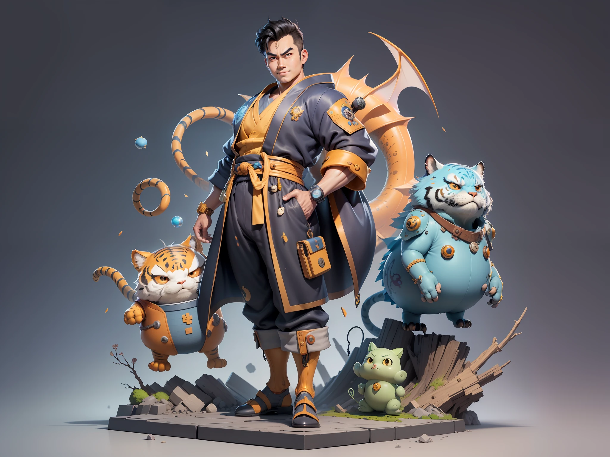 (Masterpiece), (Excellent), (Super Meticulous), (Full Body: 1.2), Super Young Man, Oriental Face, Japanese Kimono, Japanese Wind Thunder God, Dragon, Tiger, TV Anchor, Bust Portrait Illustration, Alone, Black Suit, Blue Tie, Slightly Chubby Face, Very Clean Face, No Beard, Black Super Short Hair, Black Eyes, Confident Smile, 3c Computer Sub-Products, iPad, iPhone, Digital Painting, 3D Character Design by Akira Toriyama and Mark Claireden and Pixar and Hayao Miyazaki, The illustration is a high-definition illustration in 4K resolution with very detailed facial features and cartoon-style visuals.