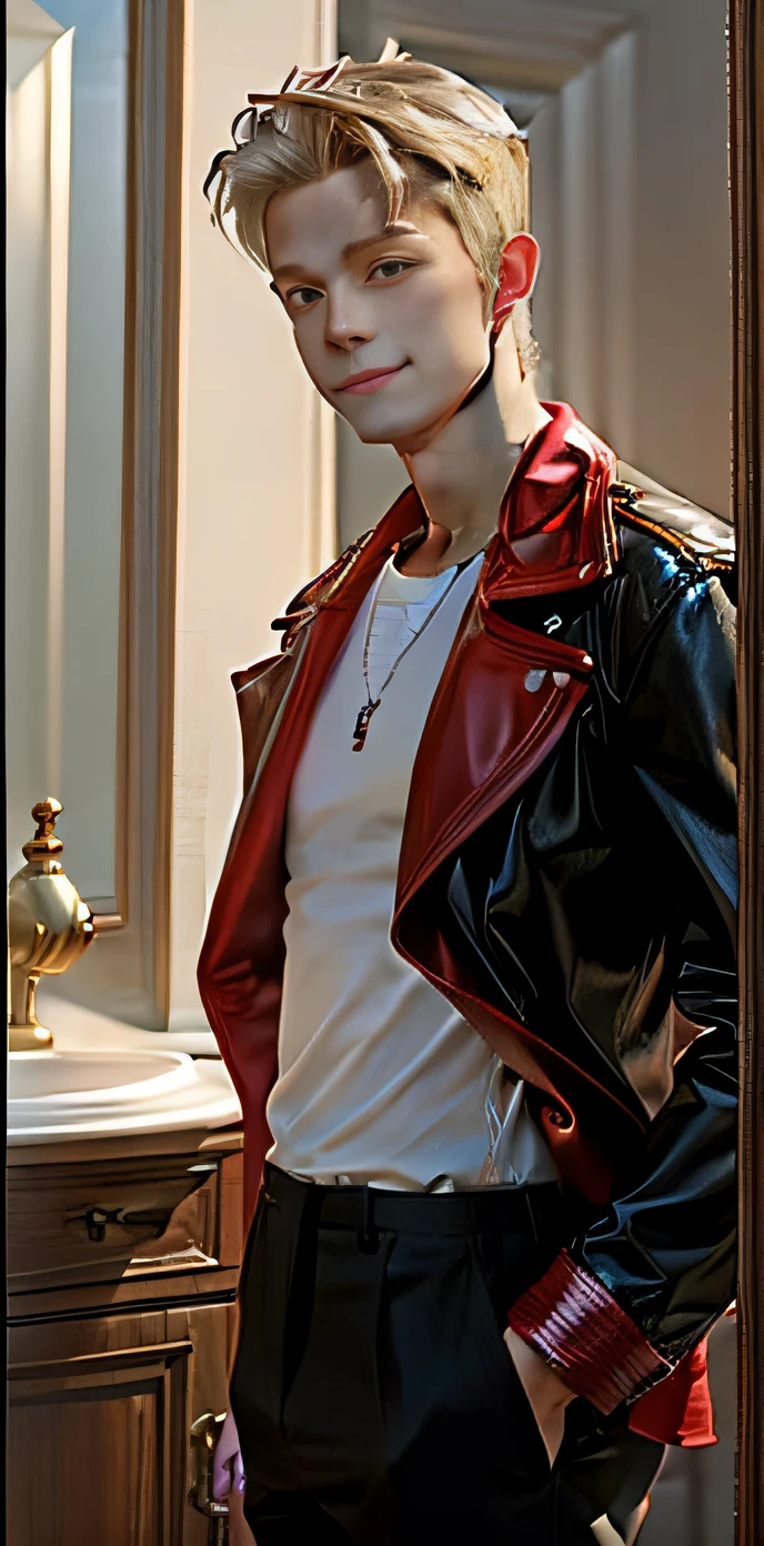 a gay 25 year old man with smooth skin and blond hair stands in front of a mirror, with a slight smile of pride for working out and being fit.  Create an interesting portrait of this gay man.  Add a red leather jacket to each model.