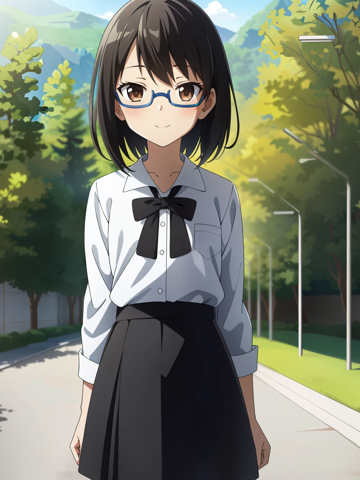 (masutepiece, Best Quality, Capture super cute moments, depth of fields, ultra-detailliert, Ultra High Resolution, C4D, Octadale, 3D Modeling, 8K, 16 K, one girls、a junior high school student、A dark-haired、short-hair、straight haired、Light brown eyes,hair adornments、wearing black glasses、Cute face)、Mountaineering Wear