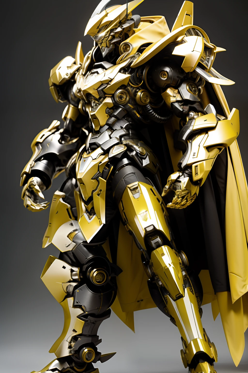 Armor a amarelo ,his hands hold a spear, armadura pesada longa, militar, uniforme militar Amarelo, uma luz vermelha ardente: 1.2, os olhos emitem luz vermelha deslumbrante: 0.8, desenho bidimensional 3D, The yellow military robe near his shoulders sways in the wind, desenho de anime, Chiaroscuro, efeitos especiais de luz, mecha detalhado e requintado, Military cap Mecha on head in yellow,