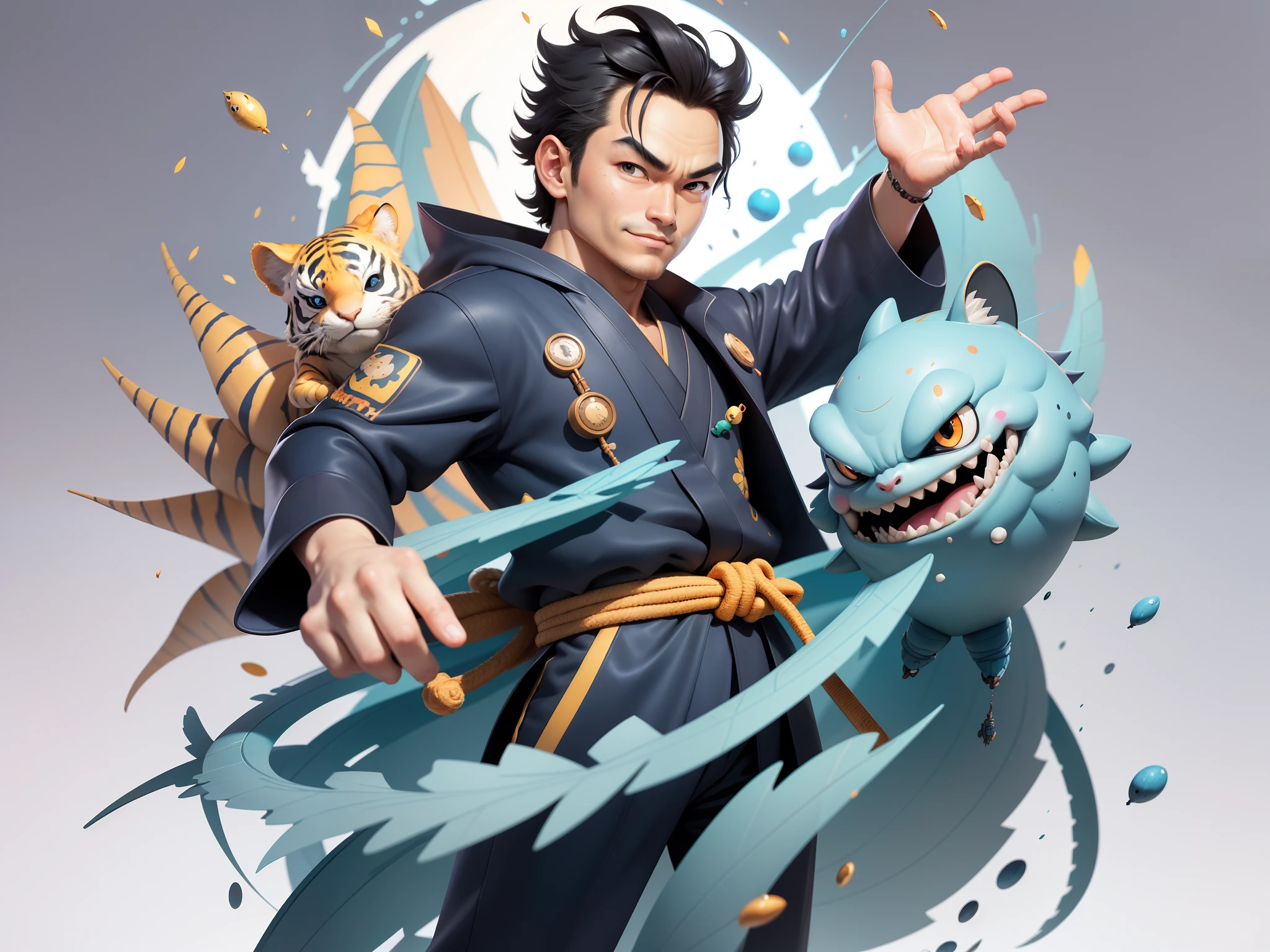 (Masterpiece), (Excellent), (Super Meticulous), (Full Body: 1.2), Super Young Man, Oriental Face, Japanese Kimono, Japanese Wind Thunder God, Dragon, Tiger, TV Anchor, Bust Portrait Illustration, Alone, Black Suit, Blue Tie, Slightly Chubby Face, Very Clean Face, No Beard, Black Super Short Hair, Black Eyes, Confident Smile, 3c Computer Sub-Products, iPad, iPhone, Digital Painting, 3D Character Design by Akira Toriyama and Mark Claireden and Pixar and Hayao Miyazaki, The illustration is a high-definition illustration in 4K resolution with very detailed facial features and cartoon-style visuals.