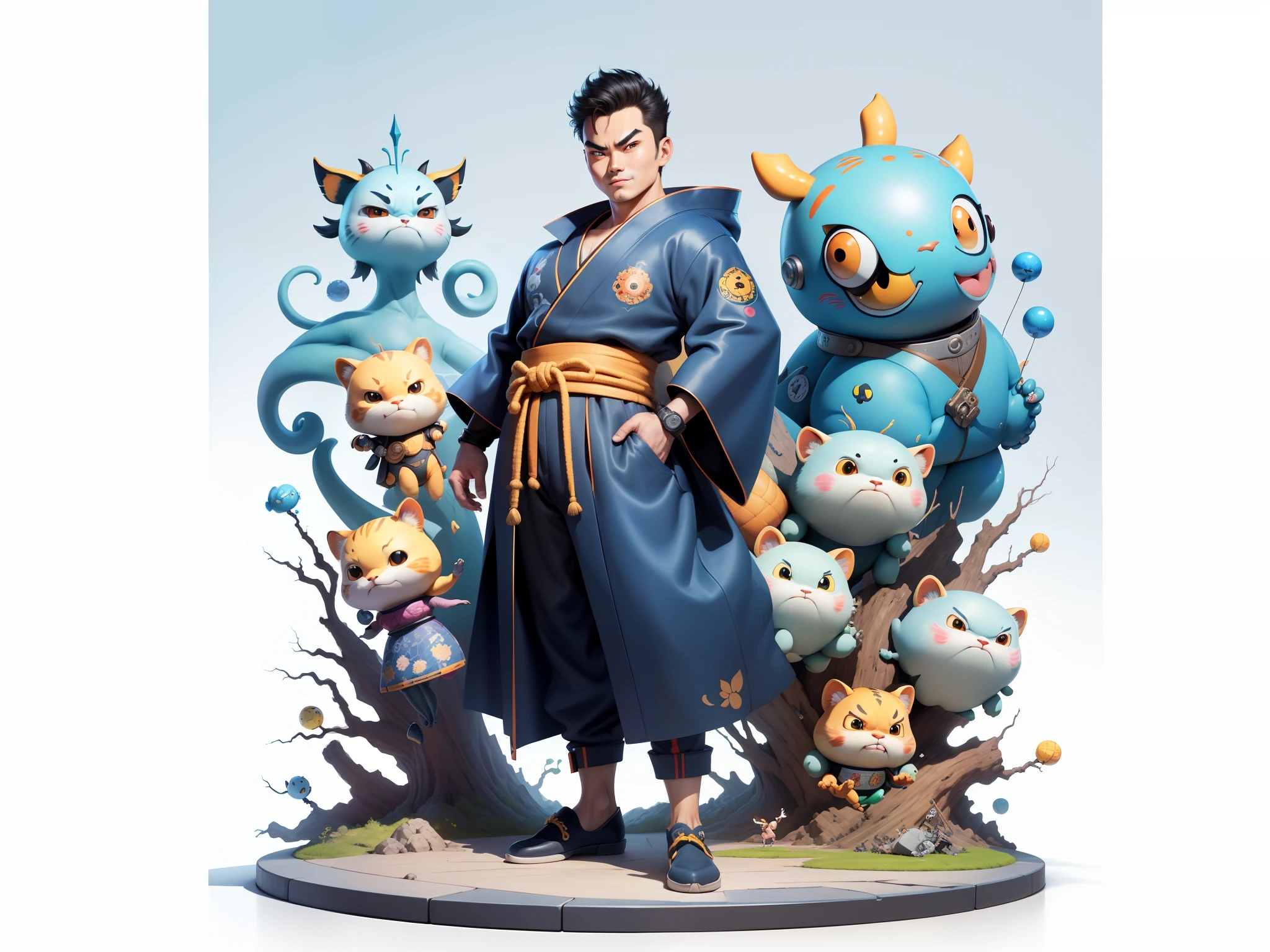 (Masterpiece), (Excellent), (Super Meticulous), (Full Body: 1.2), Super Young Man, Oriental Face, Japanese Kimono, Japanese Wind Thunder God, Dragon, Tiger, TV Anchor, Bust Portrait Illustration, Alone, Black Suit, Blue Tie, Slightly Chubby Face, Very Clean Face, No Beard, Black Super Short Hair, Black Eyes, Confident Smile, 3c Computer Sub-Products, iPad, iPhone, Digital Painting, 3D Character Design by Akira Toriyama and Mark Claireden and Pixar and Hayao Miyazaki, The illustration is a high-definition illustration in 4K resolution with very detailed facial features and cartoon-style visuals.