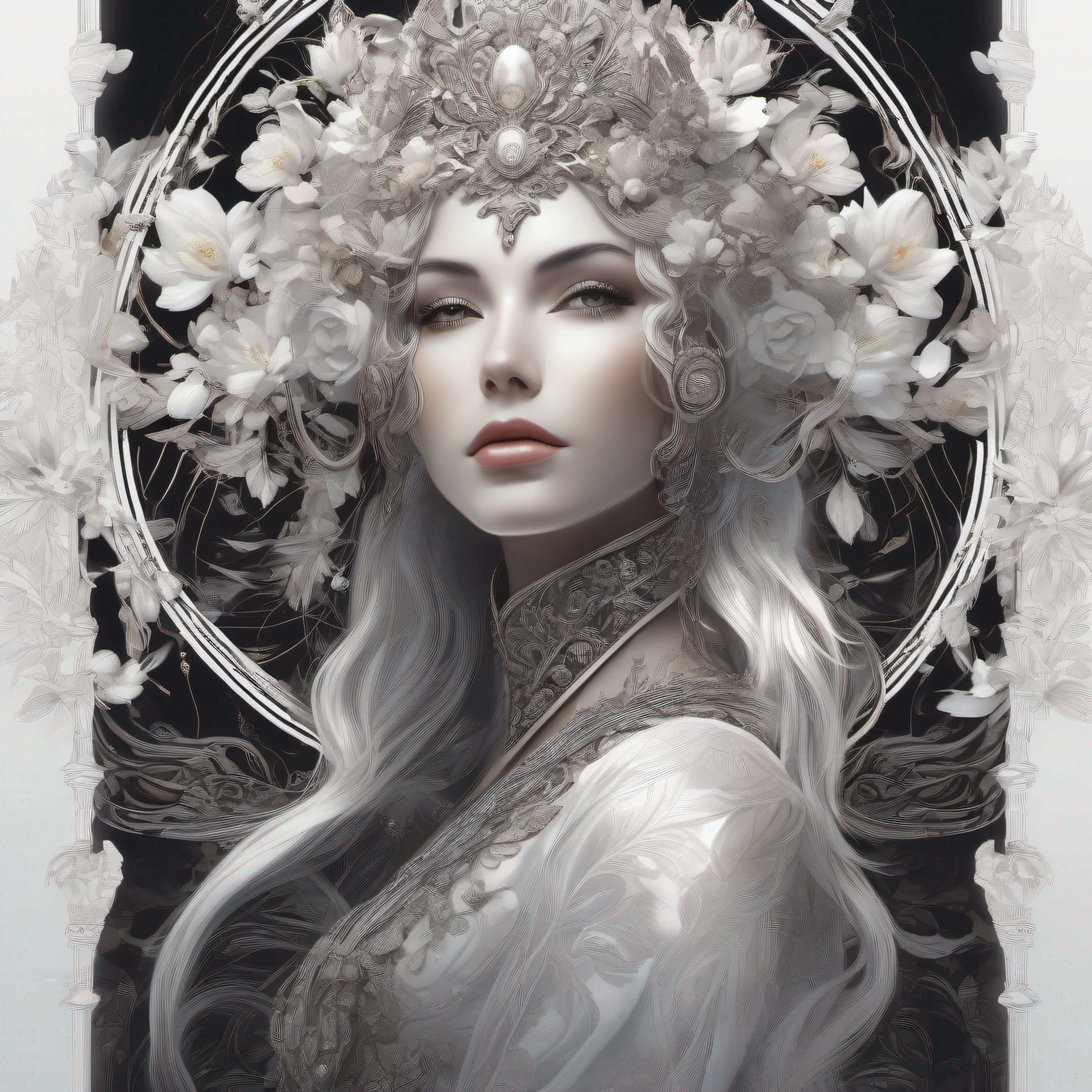 (skeleton like:0.4), ((female ornate princess)), (with white long flowing hair), (bright beautiful eyes), trending on artstation, flowers of hope by Jean-Honor Fragonard, Peter mohrbacher, hyper detailed, insane details, stunning, intricate, elite, art nouveau, ornate, liquid wax, elegant, luxury, Greg Rutkowski, ink style, sticker, vector-art beautiful character design, double exposure shot, luminous design, award winning, masterpiece, amoled black background,