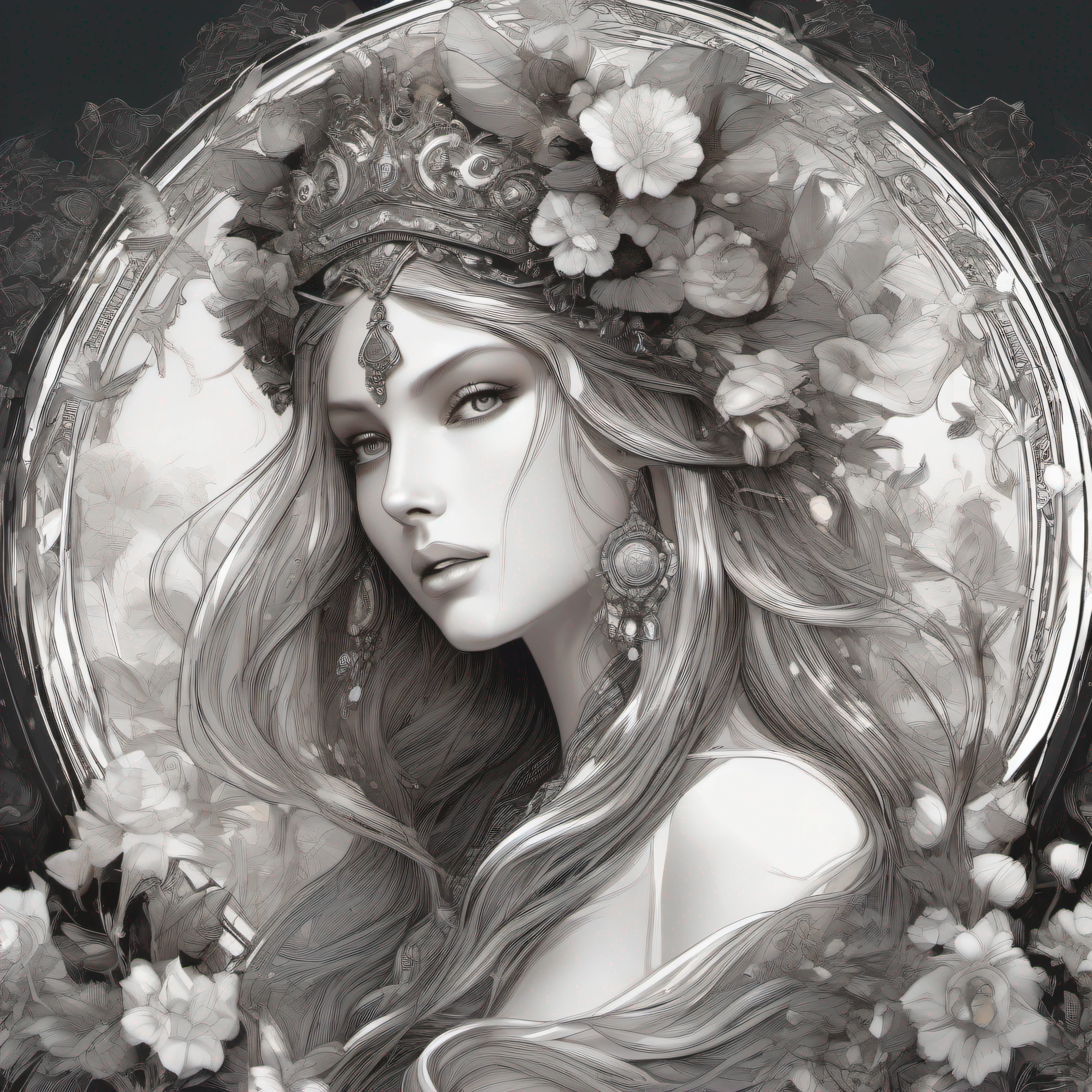 (skeleton like:0.4), ((female ornate princess)), (with white long flowing hair), (bright beautiful eyes), trending on artstation, flowers of hope by Jean-Honor Fragonard, Peter mohrbacher, hyper detailed, insane details, stunning, intricate, elite, art nouveau, ornate, liquid wax, elegant, luxury, Greg Rutkowski, ink style, sticker, vector-art beautiful character design, double exposure shot, luminous design, award winning, masterpiece, amoled black background,