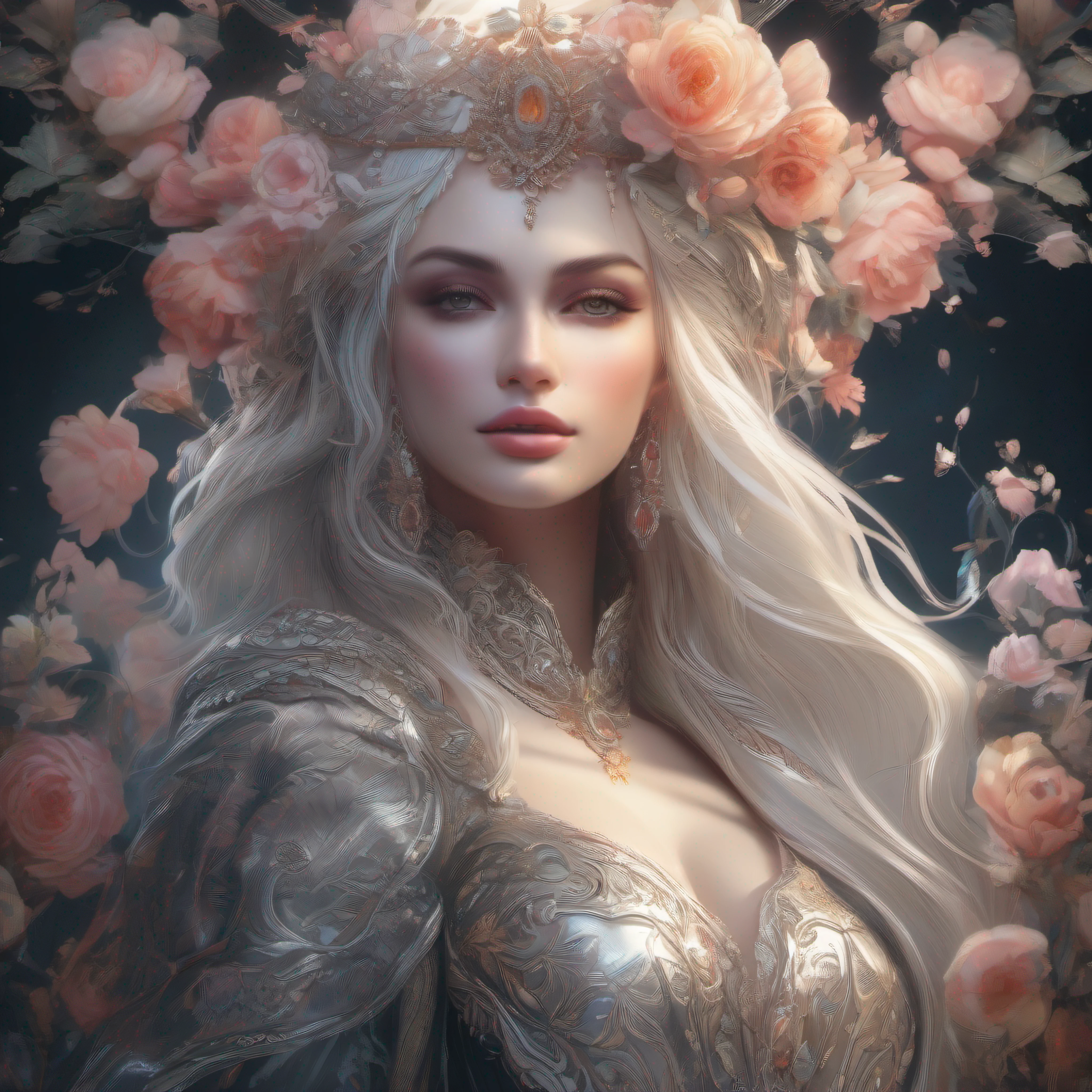 (skeleton like:0.4), ((female ornate princess)), (with white long flowing hair), (bright beautiful eyes), trending on artstation, flowers of hope by Jean-Honor Fragonard, Peter mohrbacher, hyper detailed, insane details, stunning, intricate, elite, art nouveau, ornate, liquid wax, elegant, luxury, Greg Rutkowski, ink style, sticker, vector-art beautiful character design, double exposure shot, luminous design, award winning, masterpiece, amoled black background,