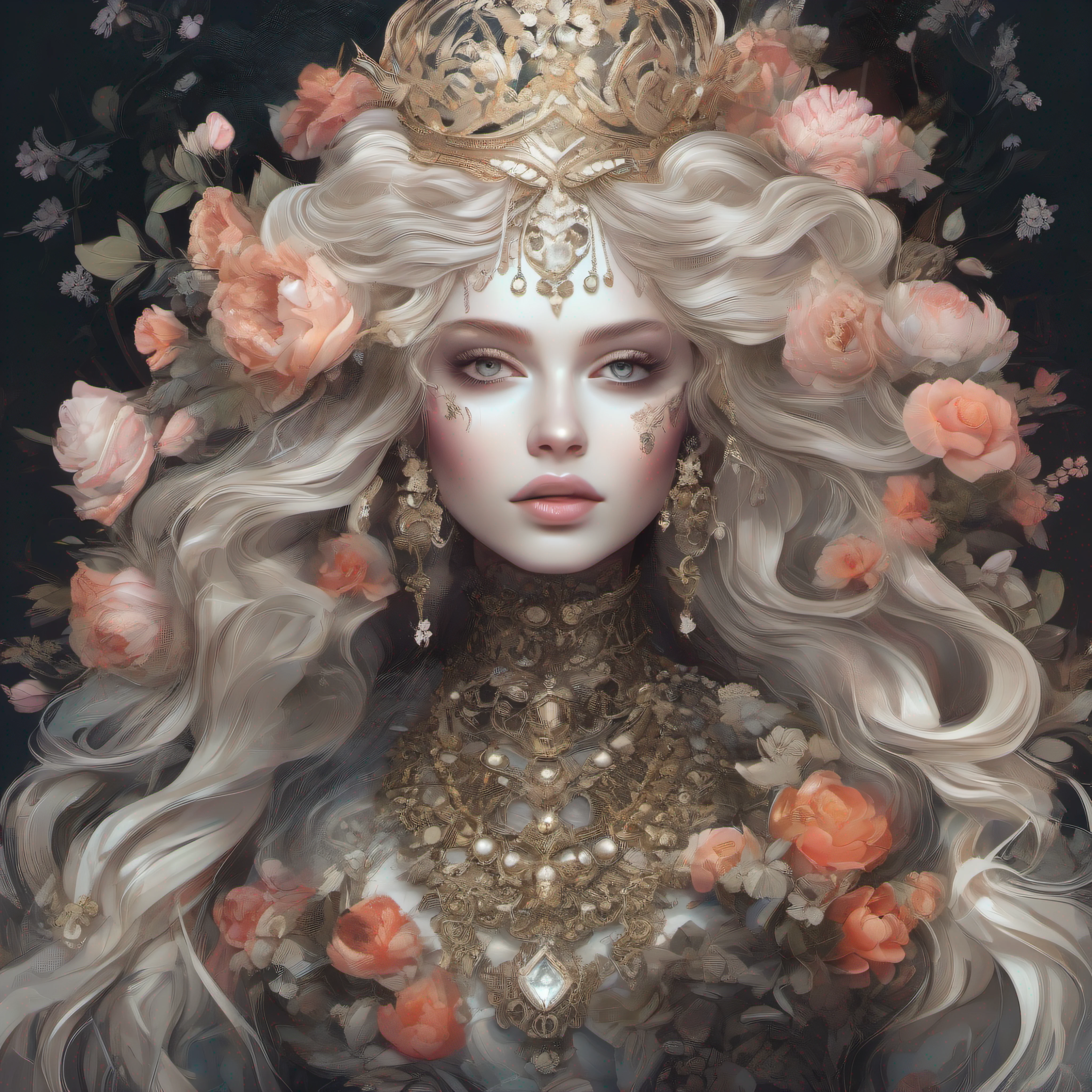(skeleton like:0.4), ((female ornate princess)), (with white long flowing hair), (bright beautiful eyes), trending on artstation, flowers of hope by Jean-Honor Fragonard, Peter mohrbacher, hyper detailed, insane details, stunning, intricate, elite, art nouveau, ornate, liquid wax, elegant, luxury, Greg Rutkowski, ink style, sticker, vector-art beautiful character design, double exposure shot, luminous design, award winning, masterpiece, amoled black background,