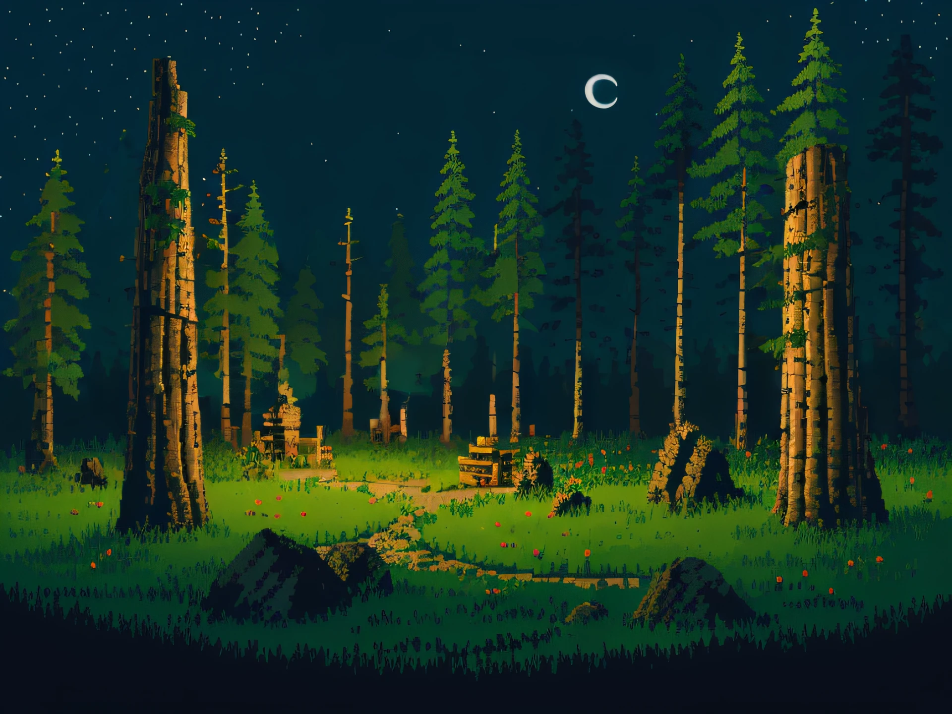 trees detailed, forest trees, summer trees, night trees, detailed, isometric, pixel art