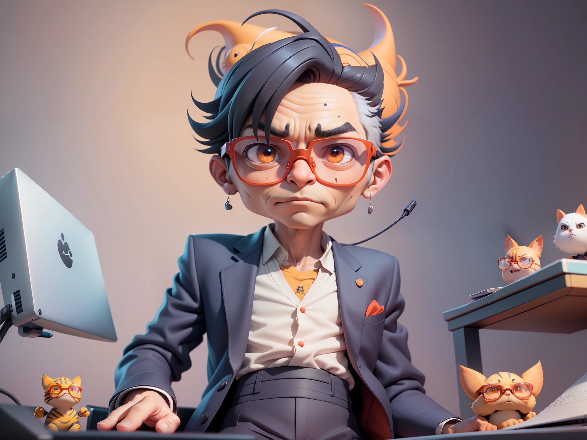 A young man in a suit, Short hair and glasses sat at his desk,holding laptop,digitial painting,tigre,3D character design by Mark Clairen and Pixar and Hayao Miyazaki and Akira Toriyama,4K HD illustration,Very detailed facial features and cartoon-style visuals。