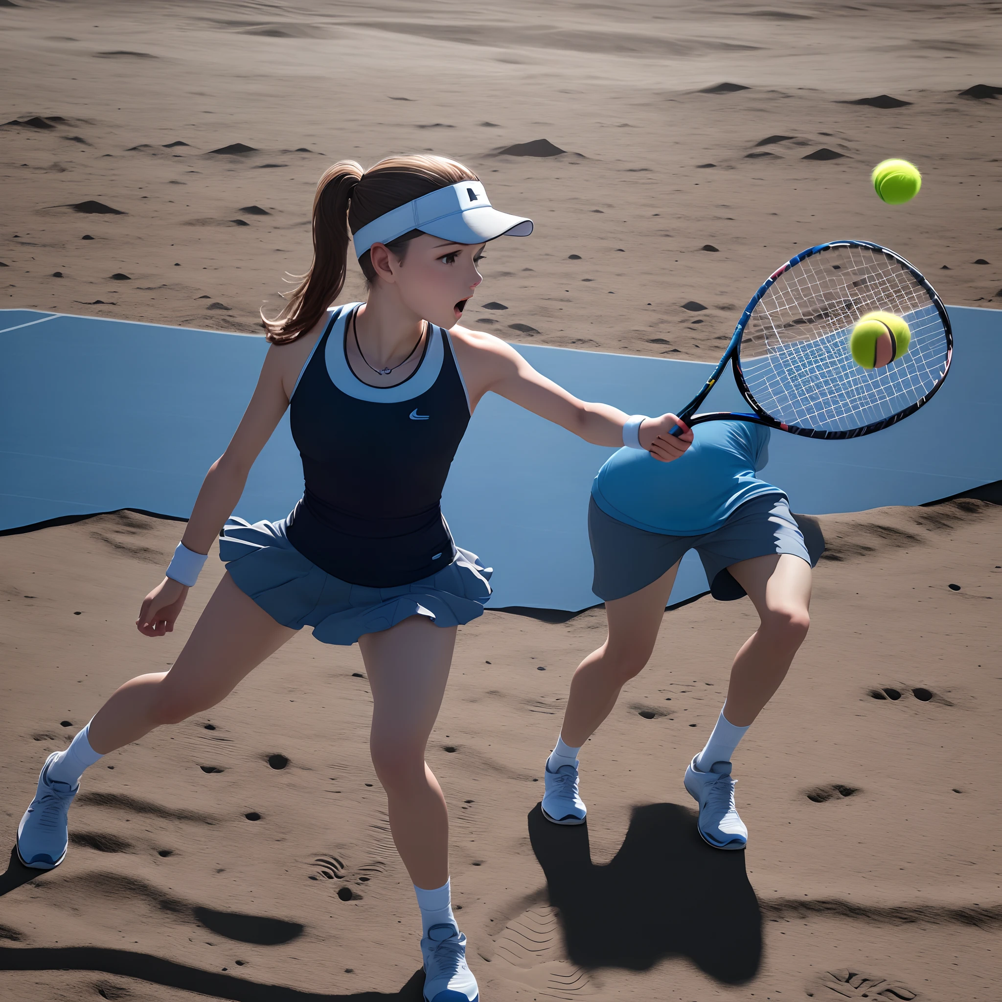 Create an image of neimar playing tennis on the moon.