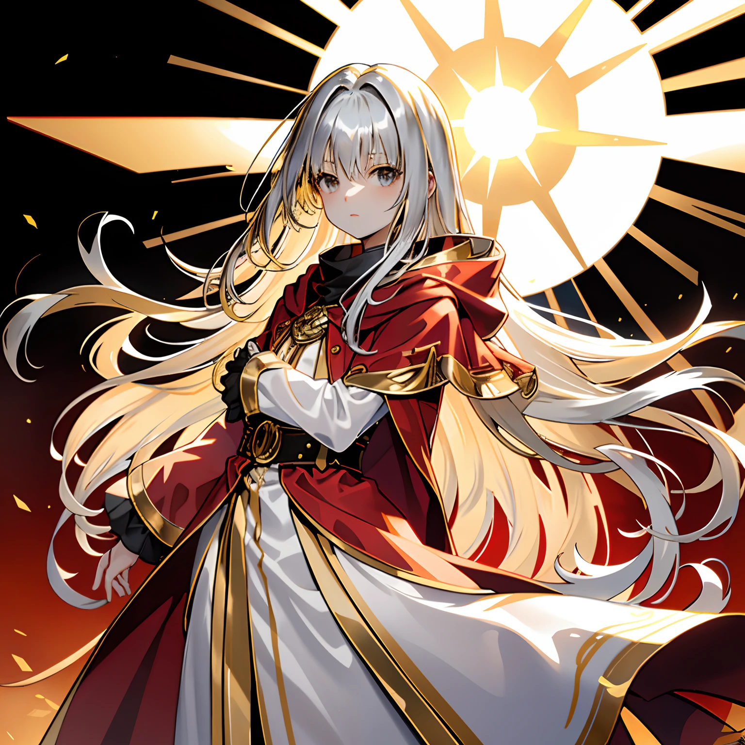 (sun:1.2),shine,shining,glow,gleam,highlight,girl,glowing hair,gold hair,silver hair,long hair,aura of light,red cloak,Metalheart