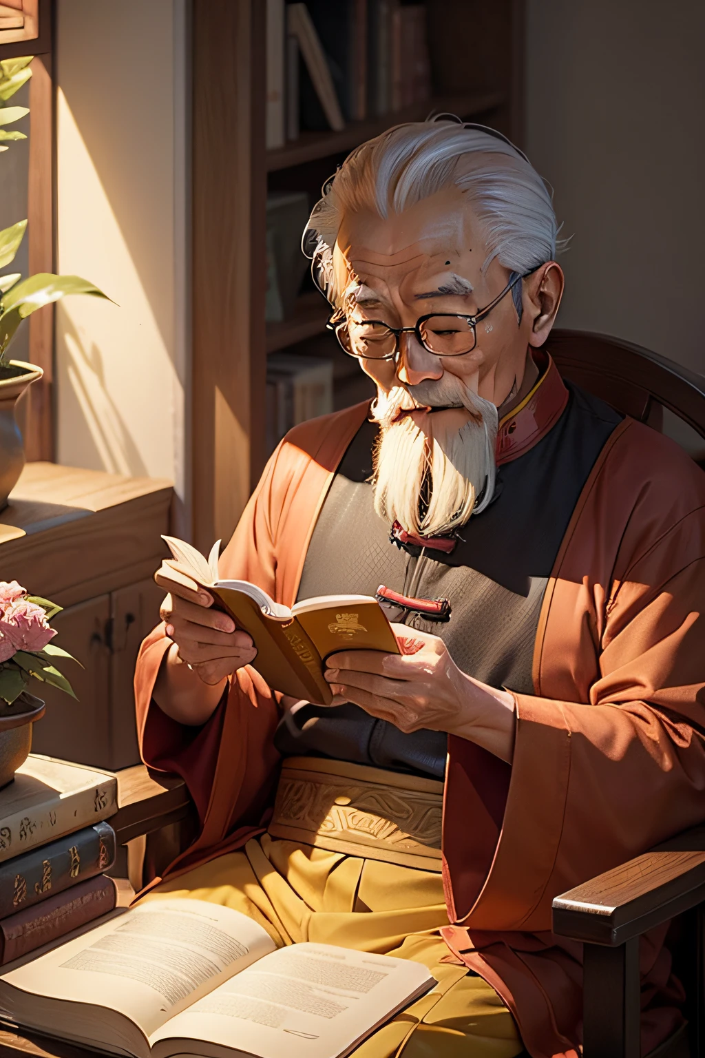 wise old chinese man reading a golden book