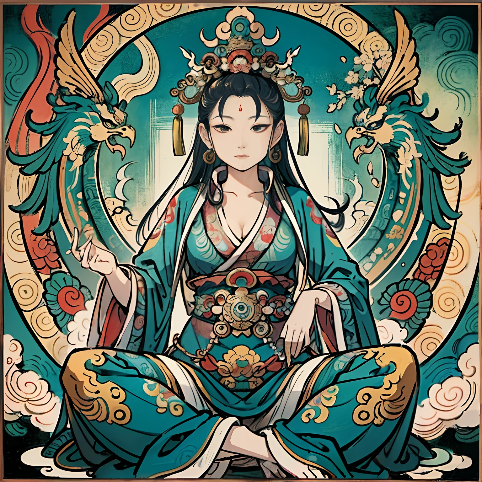 an ancient Chinese goddess, guanyin of the southern seas, Guanyin, Inspired by India, Avalokiteshvara rides a phoenix,,Serene expression,shui mo hua,Buddha,Buddhist,Lotus,Chinese painting style,Thangka style