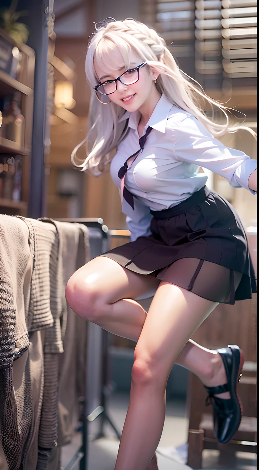 {{{masterpiece}}}, {{{best quality}}}, {{ultra-detailed}}, {illustration}, {{an extremely delicate and beautiful}},
(Best quality, 8k, 32k, Masterpiece, UHD:1.2),Photo of Pretty Japanese woman,(topless), top quality, , best quality, realistic, unity, 8k wallpaper, official art, extremely detailed  wallpaper,1girl,((boyish)),13yo, beautiful teeth,solo,gal,dark skin,very absurdly long hair,(Updo Braid hair:1.5),(white hair:1.5),misaligned ,(sweaty skin:1.2),glasses,earrings,Jacket,(blunt bangs:1.2),looking at viewer, (smile:1.5),(high detailed skin),realistic body,((stoop)),( small breasts),(nipples:1.1), cute girl, famous japanese idol,(downblouse),(loose t-shirt),(loose skart),(low view),(wide view),( school uniform:1.3),(skirt lift by myself:1.5),(panties shot:1.5),(show off panties:1.5),(white panties)
leaning forward,,