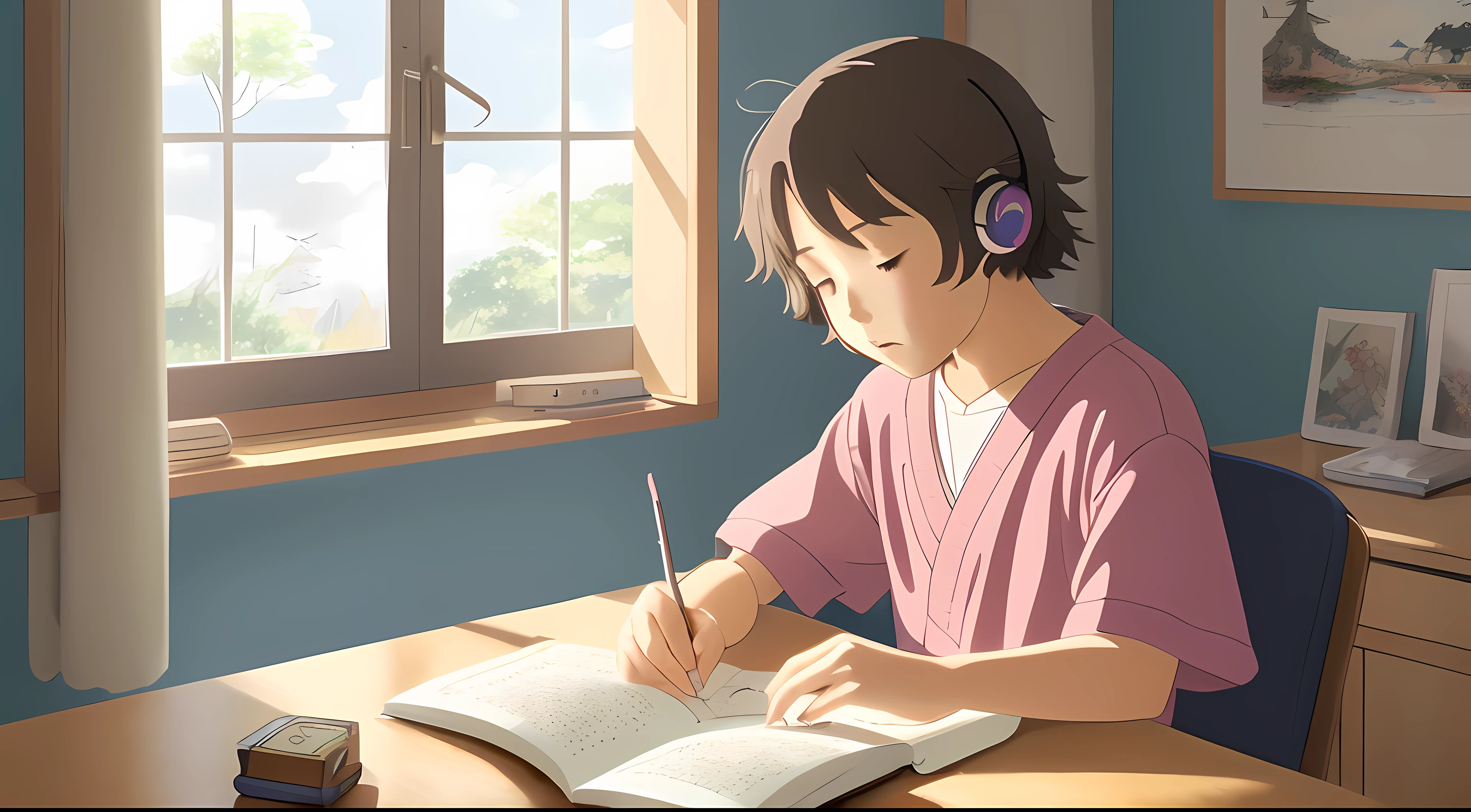 menino estudando em seu quarto, leitura escrita em caderno, Usando fones de ouvido, extremamente fofo, Very detailed, Arte por Studio Ghibli, muito colorido, Study in a Japanese style room, pastels colors, Ultra HD |, extremamente detalhado, Studio Ghibli estilo anime ,master part,magnificent art,mesa de madeira,sunlight through the window