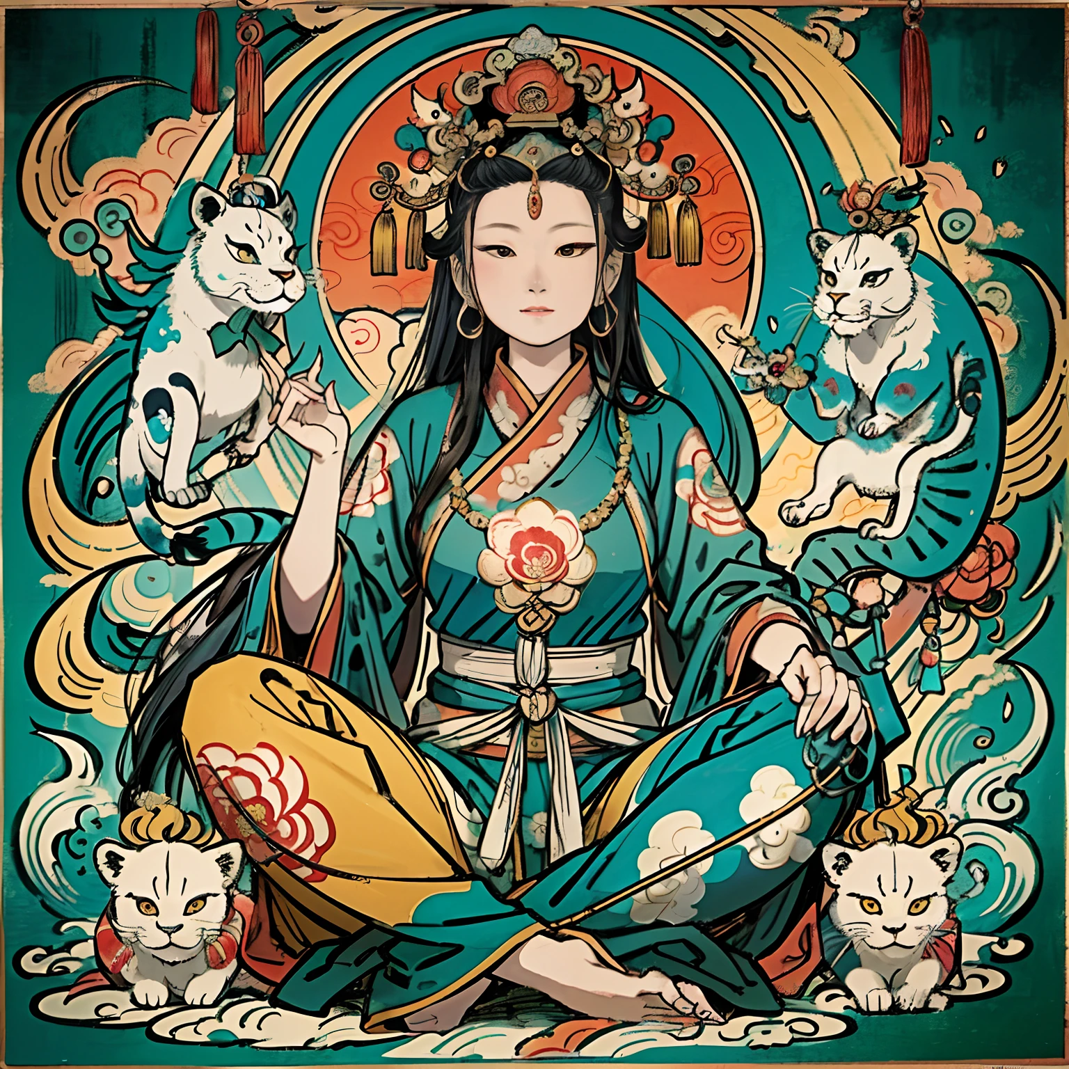 an ancient Chinese goddess, guanyin of the southern seas, Guanyin, Inspired by India, Avalokiteshvara rides a lion，,Serene expression,shui mo hua,Buddha,Buddhist,Lotus,Chinese painting style,Thangka style