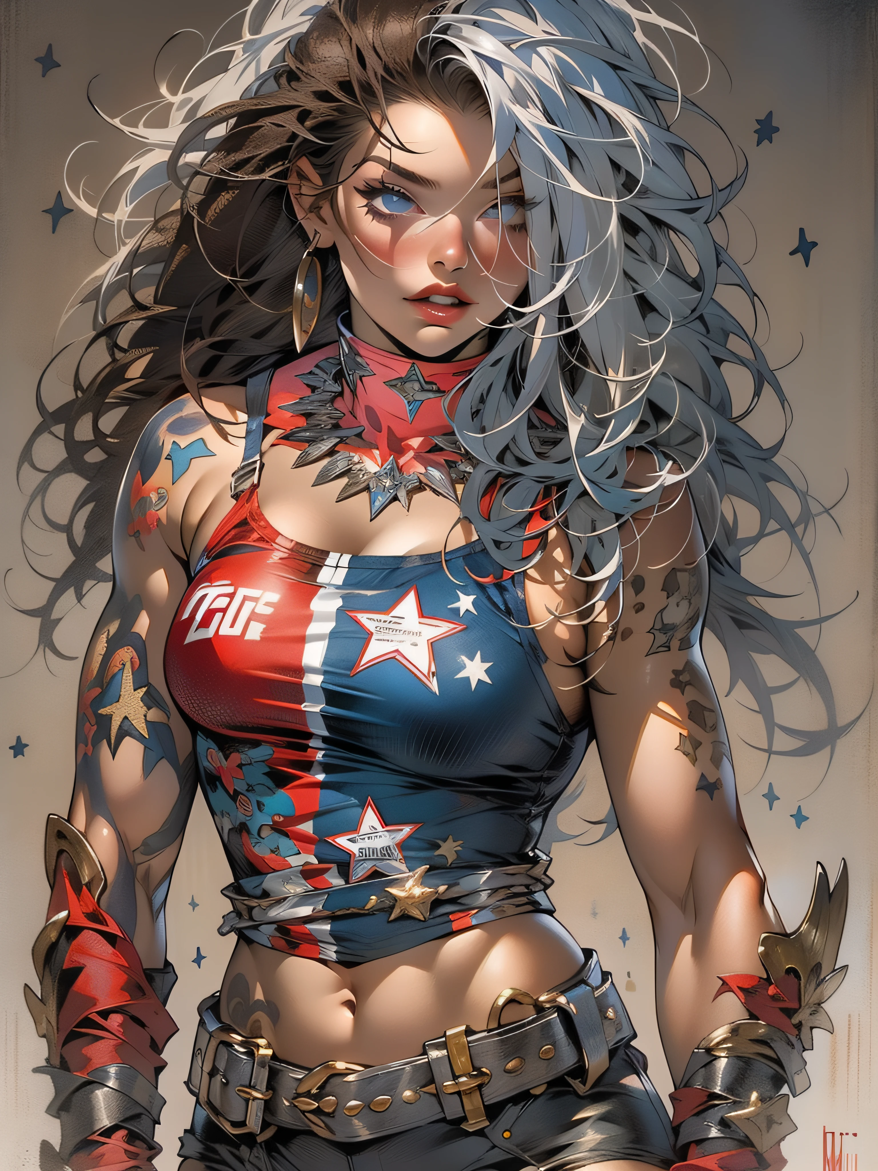 (((mulher))), (((melhor qualidade))), (((obra prima))), (((adulta))), Uma guerreira mulher de 35 anos com corpo perfeito, Brooklyn Gladiators, (( under boobs )), quase nua no estilo selvagem urbano de Simon Bisley para a capa da revista Heavy Metal, cabelo loiro, Minimum clothing, armadura (azul escuro com estrelas brancas e vermelho com listras brancas), cheio de pontas e rebites manchadas de tinta, tatuagem de estrelas de 5 pontas, (((corpo inteiro))), cabelo preto curto com franja branca cobrindo a testa