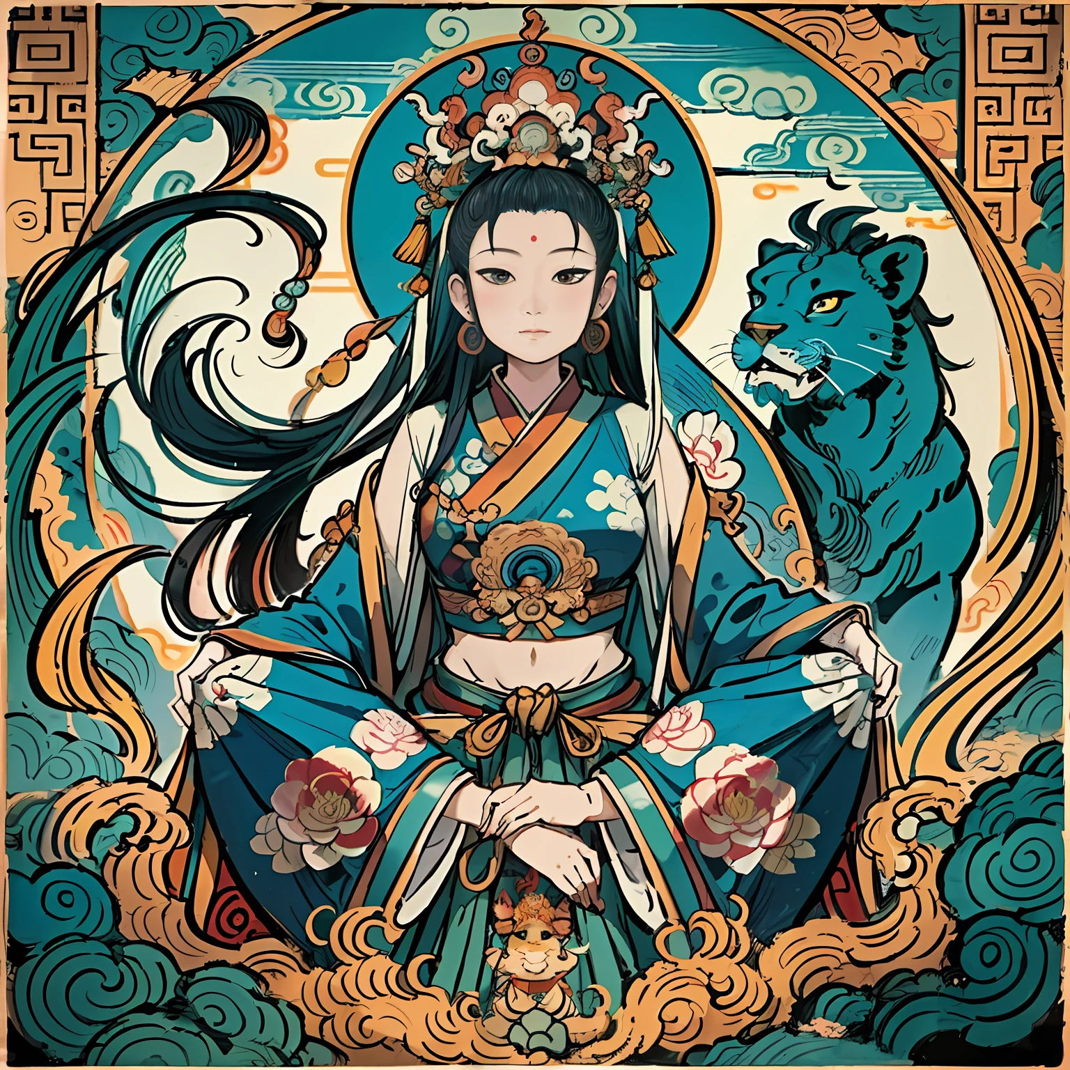 an ancient Chinese goddess, guanyin of the southern seas, Guanyin, Inspired by India, Avalokiteshvara rides a lion，,Serene expression,shui mo hua,Buddha,Buddhist,Lotus,Chinese painting style,Thangka style