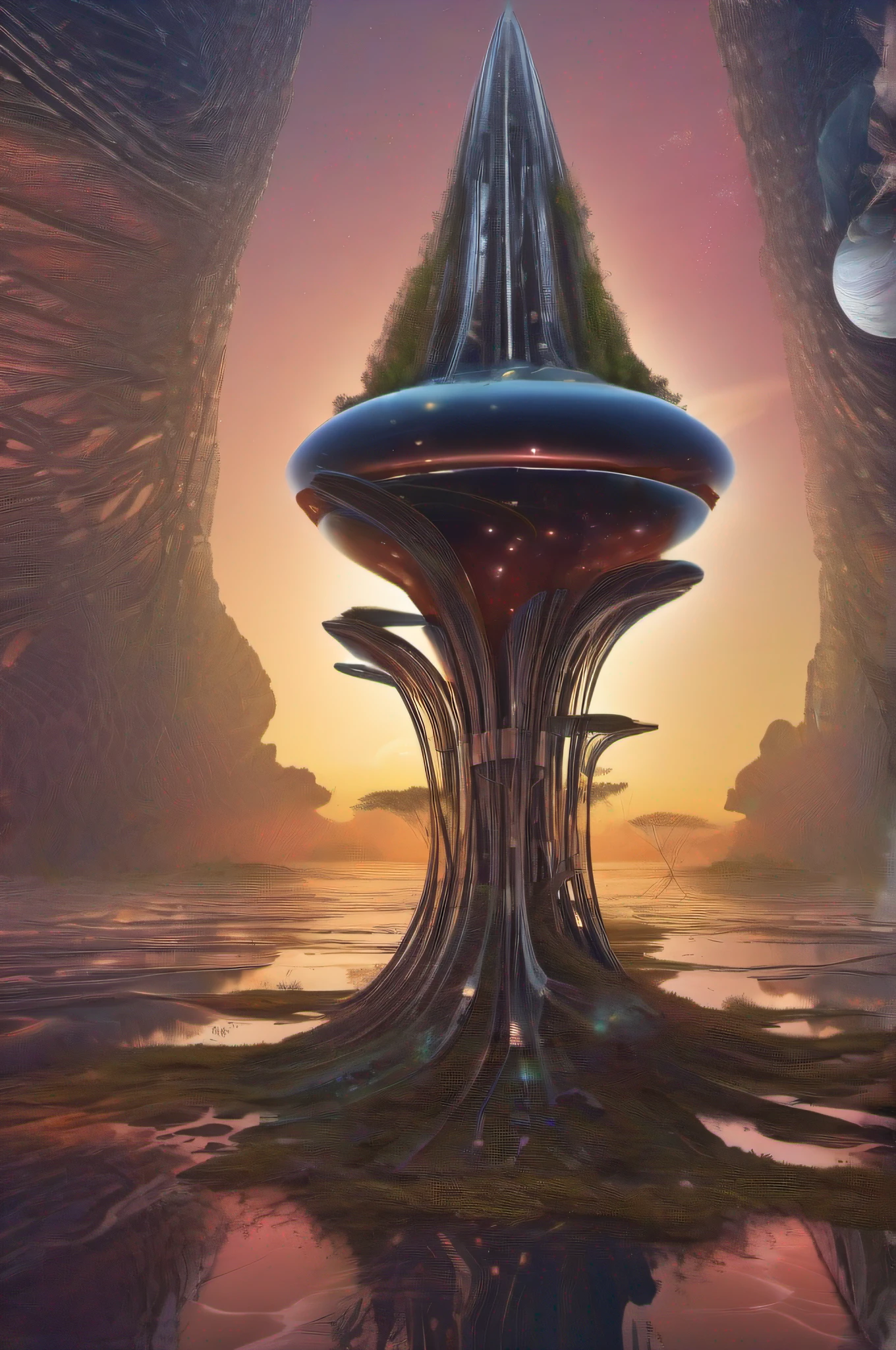 Nave espacial, alien, formas ovais, translucent metal, landing on a base of a planet in another galaxy, ambiente noturno, auroras, fractal, whisps, raios, Distant lands with alien vegetation, detalhes intrincados, Fictional art, arte de Clemilton Barbosa, premiado, obra prima, 16K