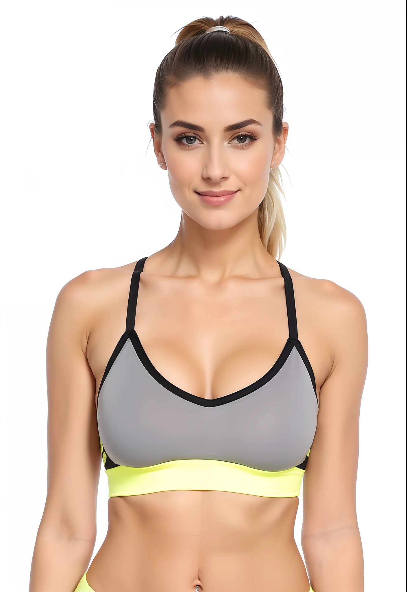 Beautiful woman arafed in a grey sports bra top and yellow trim, sport bra and shirt, Esporte bom, sports bra, brassier, Bralette, sport bra and shorts, detailed sports bra, two piece workout clothes, tight push up bra, peito achatado, roupas esportivas, topo de corte, roupas esportivas fofas, Titular Top, parte superior do corpo