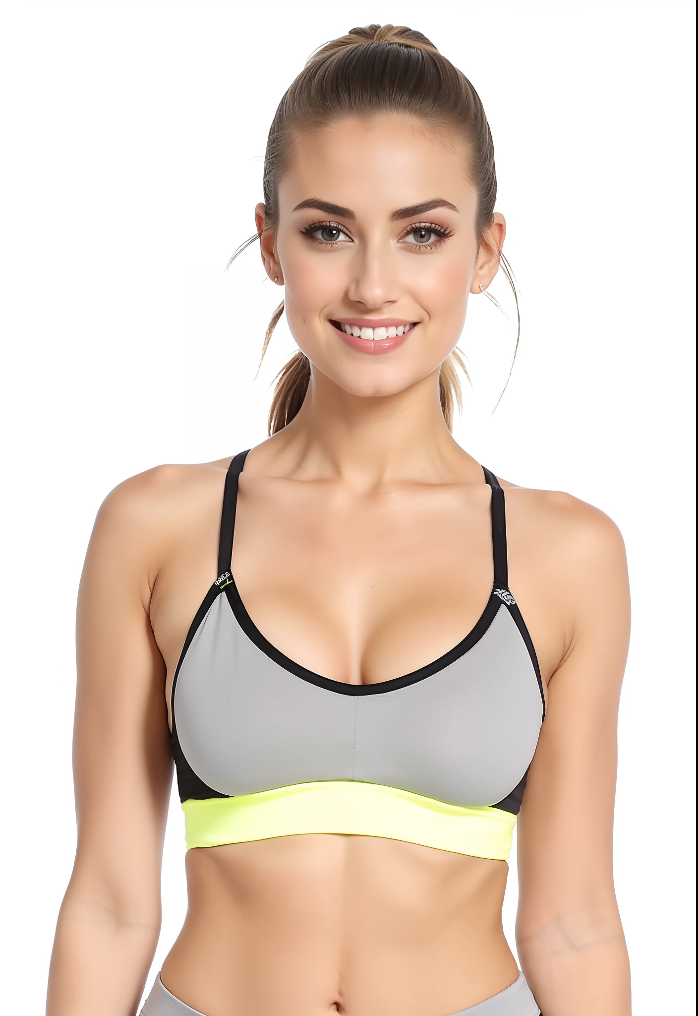 Beautiful woman arafed in a grey sports bra top and yellow trim, sport bra and shirt, Esporte bom, sports bra, brassier, Bralette, sport bra and shorts, detailed sports bra, two piece workout clothes, tight push up bra, peito achatado, roupas esportivas, topo de corte, roupas esportivas fofas, Titular Top, parte superior do corpo