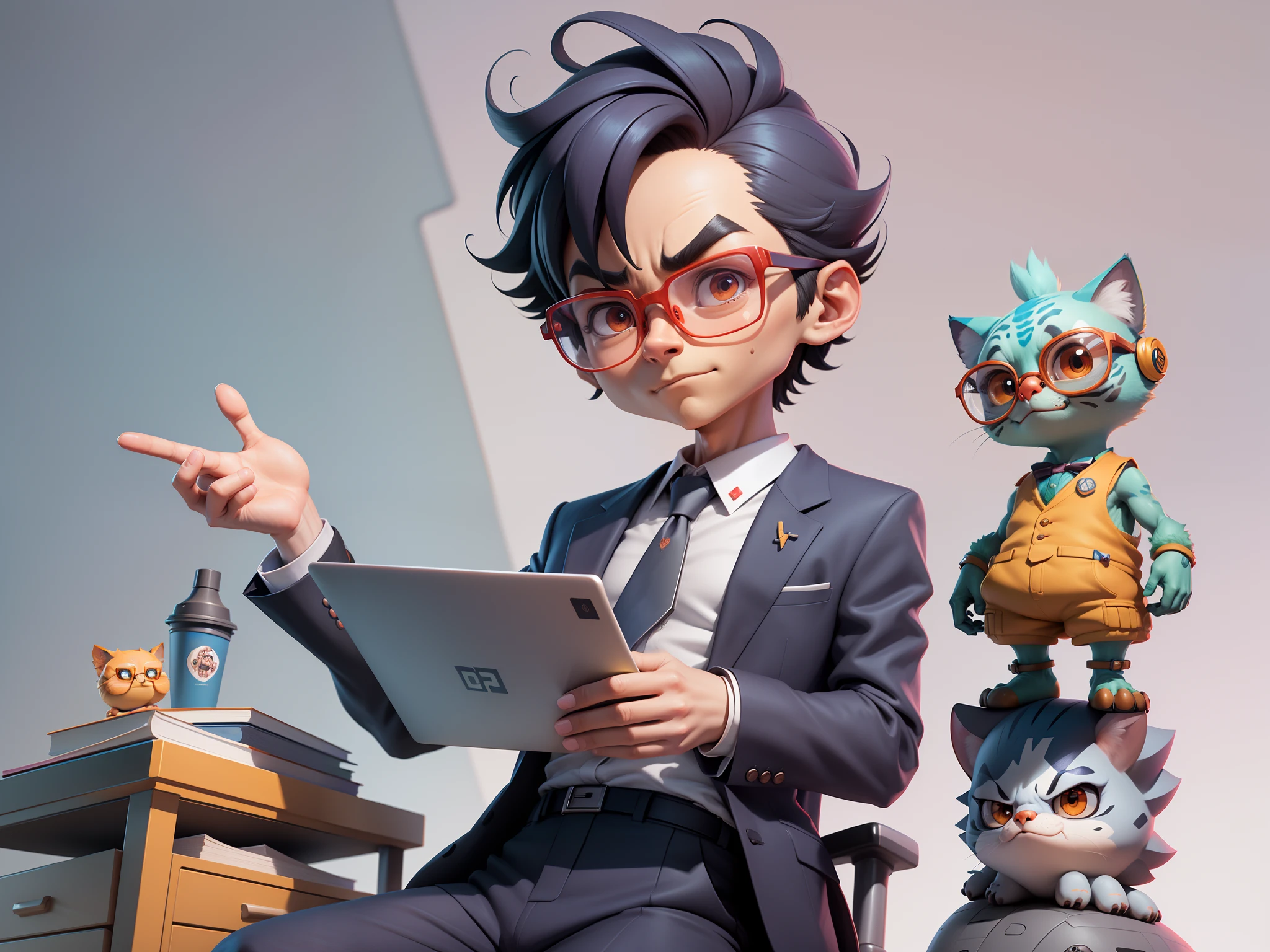A young man in a suit, Short hair and glasses sat at his desk,holding laptop,digitial painting,tigre,3D character design by Mark Clairen and Pixar and Hayao Miyazaki and Akira Toriyama,4K HD illustration,Very detailed facial features and cartoon-style visuals。