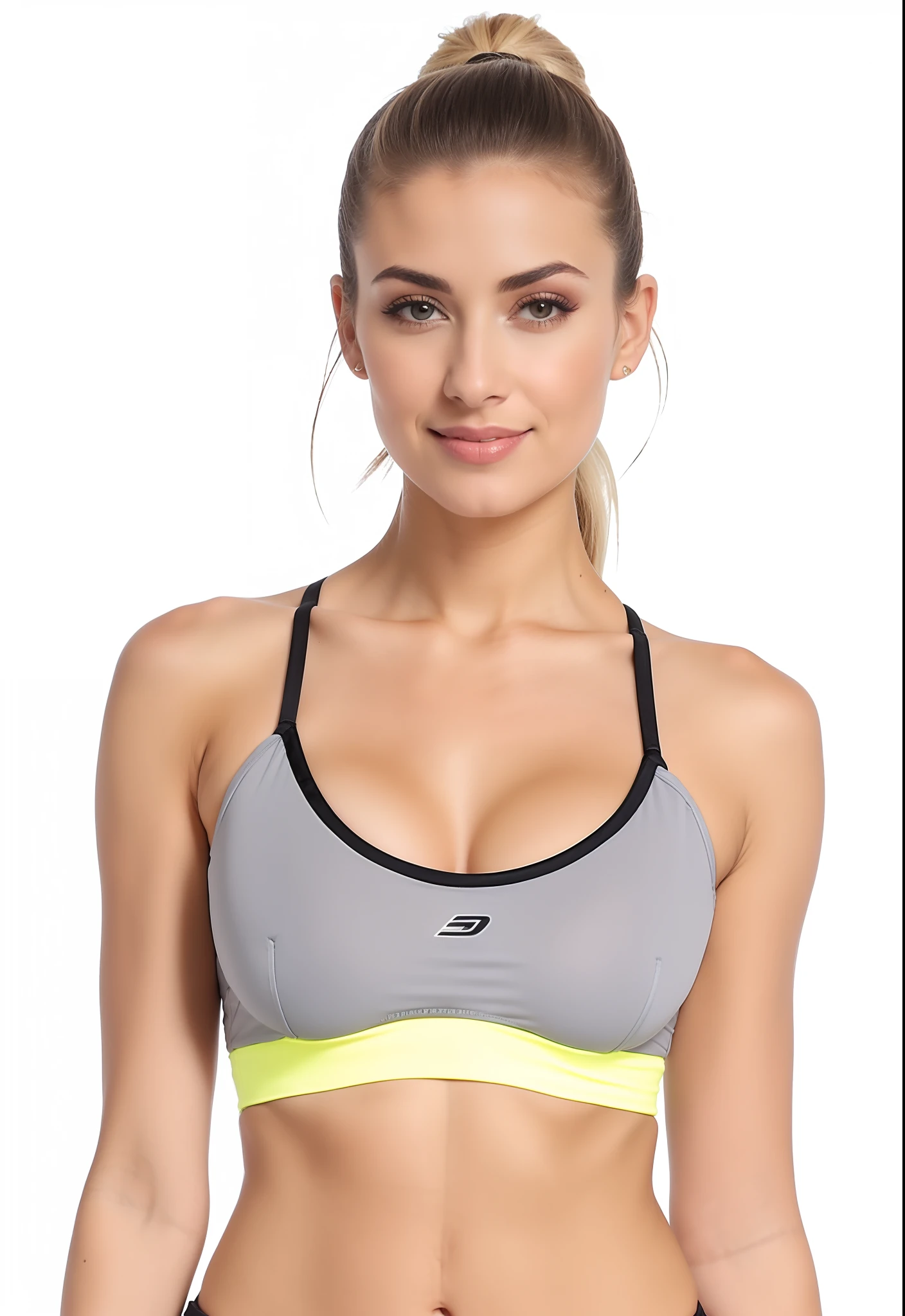 Beautiful woman arafed in a grey sports bra top and yellow trim, sport bra and shirt, Esporte bom, sports bra, brassier, Bralette, sport bra and shorts, detailed sports bra, two piece workout clothes, tight push up bra, peito achatado, roupas esportivas, topo de corte, roupas esportivas fofas, Titular Top, parte superior do corpo