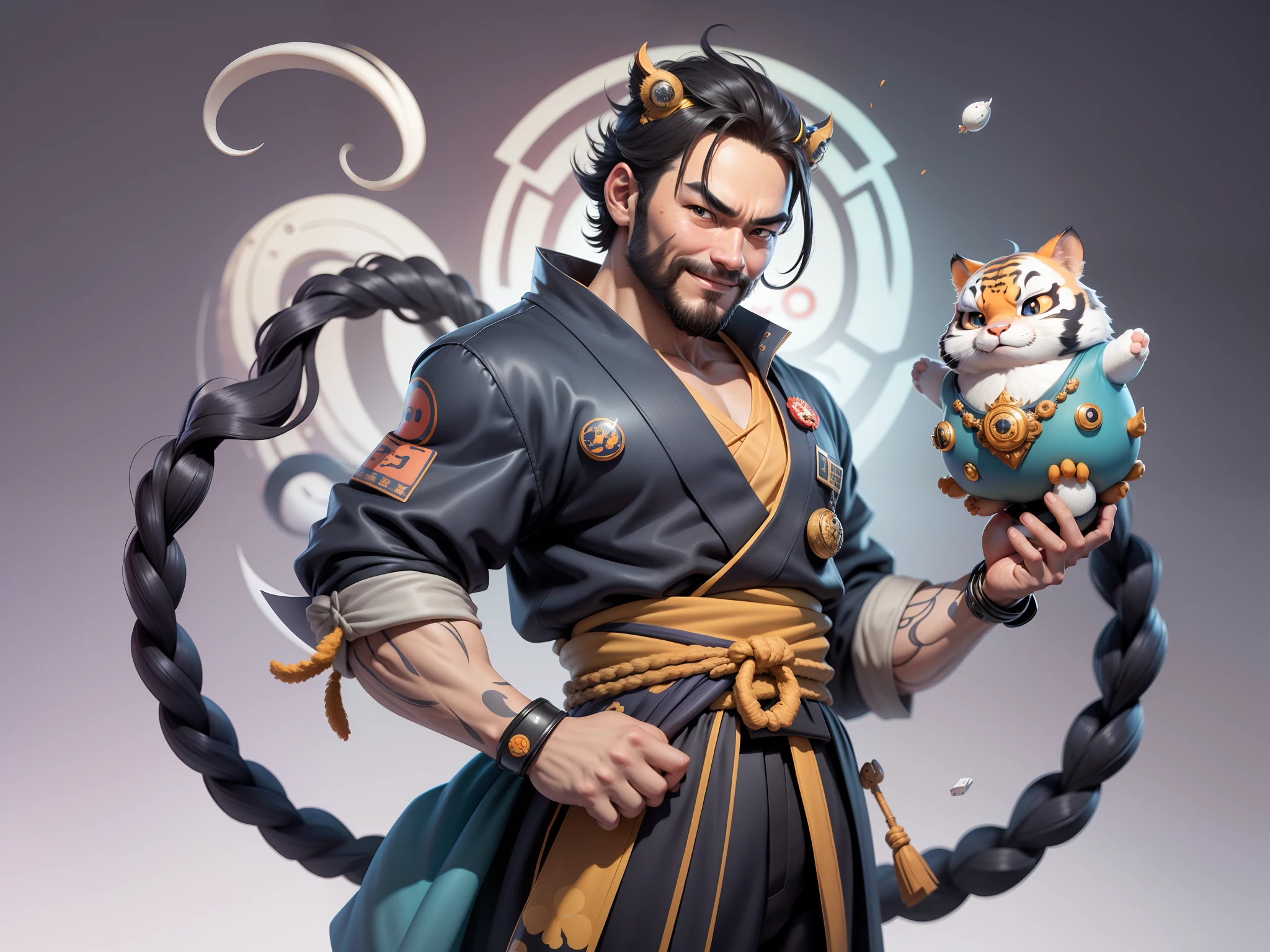 (Daisaku),(Need),(Super meticulous),(full bodyesbian:1.2),Super young man with Japanese geisha，Beautiful，orient，one tiger，Aeolian Thor，Raised sexy，爆乳，Oriental face，TV Anchor，Bust portrait illustration，In black suit，a blue tie，The face is slightly chubby，The face was clean，without a beard，Black super short hair，Black eyes，Smile confidently，3C computer sub-products，iPad， iphone，Digital painting，3D character design by Mark Clairen and Pixar and Hayao Miyazaki and Akira Toriyama，The illustration is a high-definition illustration in 4K resolution，With very detailed facial features and cartoon-style visuals。