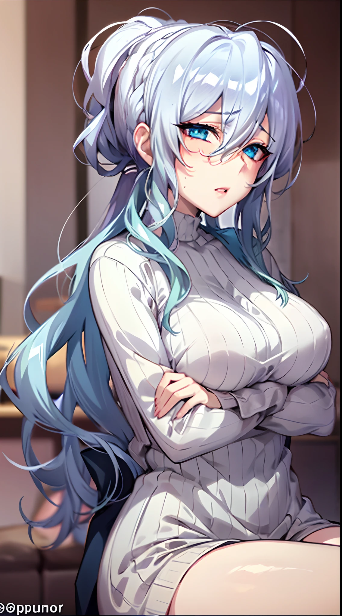 in bed, silver hair and blue eyes, white shirt and no bra, anime visual of a cute girl, screenshot from the anime film, & her expression is solemn, in the anime film, in an anime, anime visual of a young woman, she has a cute expressive face, still from anime, big breast, red cheek, lustful face, fair skin