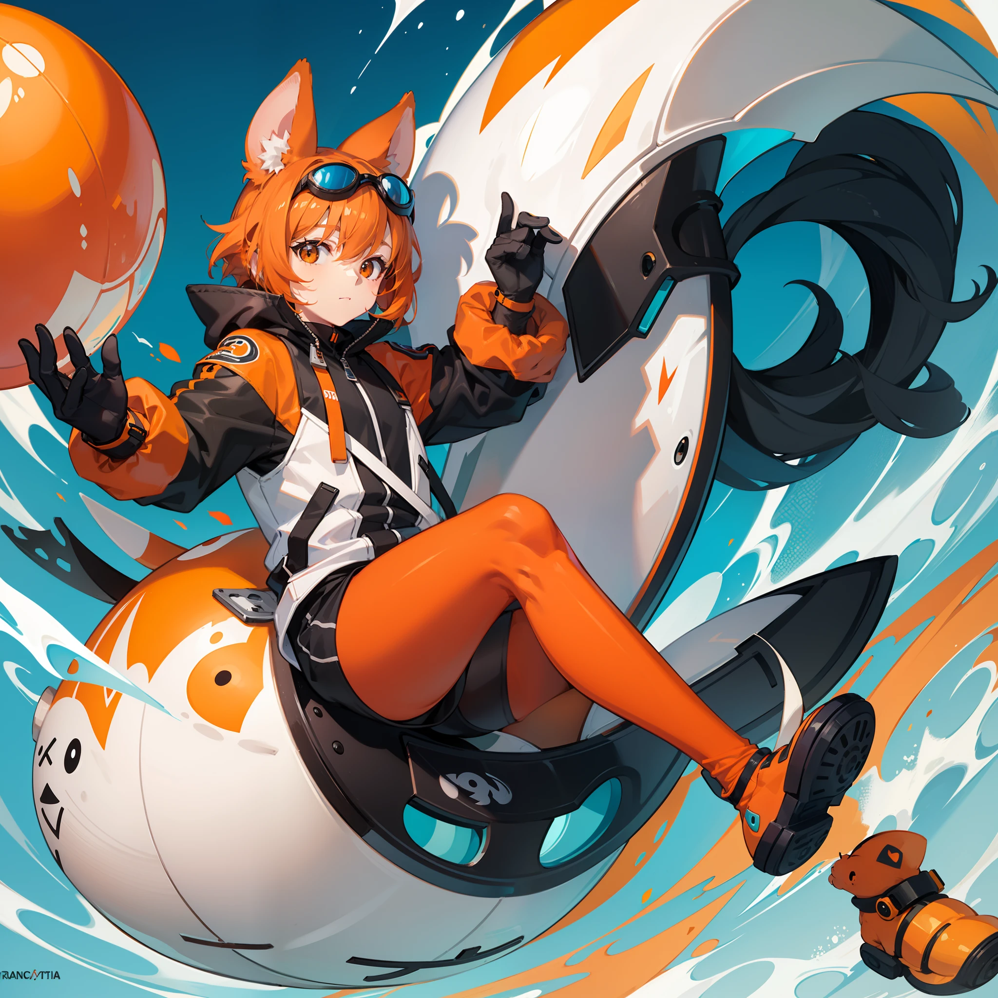 Rat, orange fur, round cute ball in shape, white-blue fins and googles, best quality, masterpiece