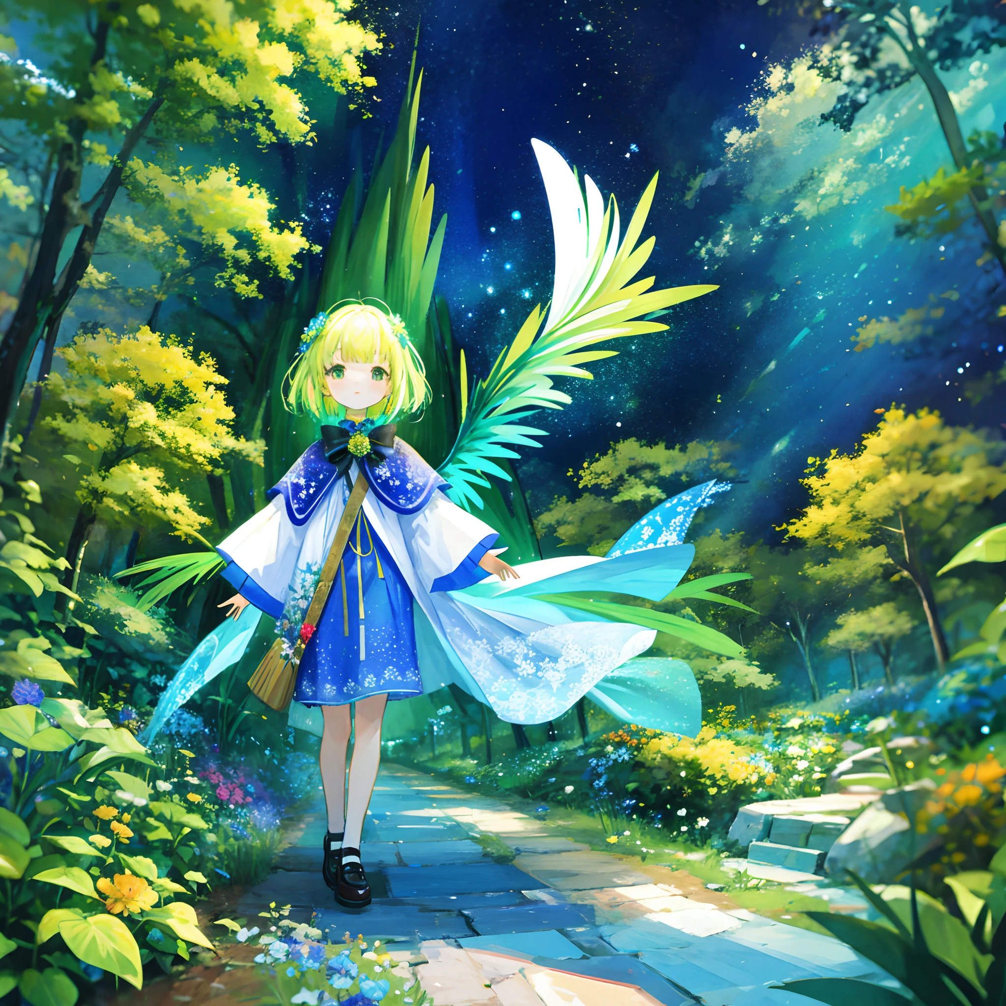 masterpiece、top-quality、Alien 、Rich in nature、Beautiful forest full of flowers、Unknown Planet、full body Esbian、Dynamic angles、Dynamic Poses、