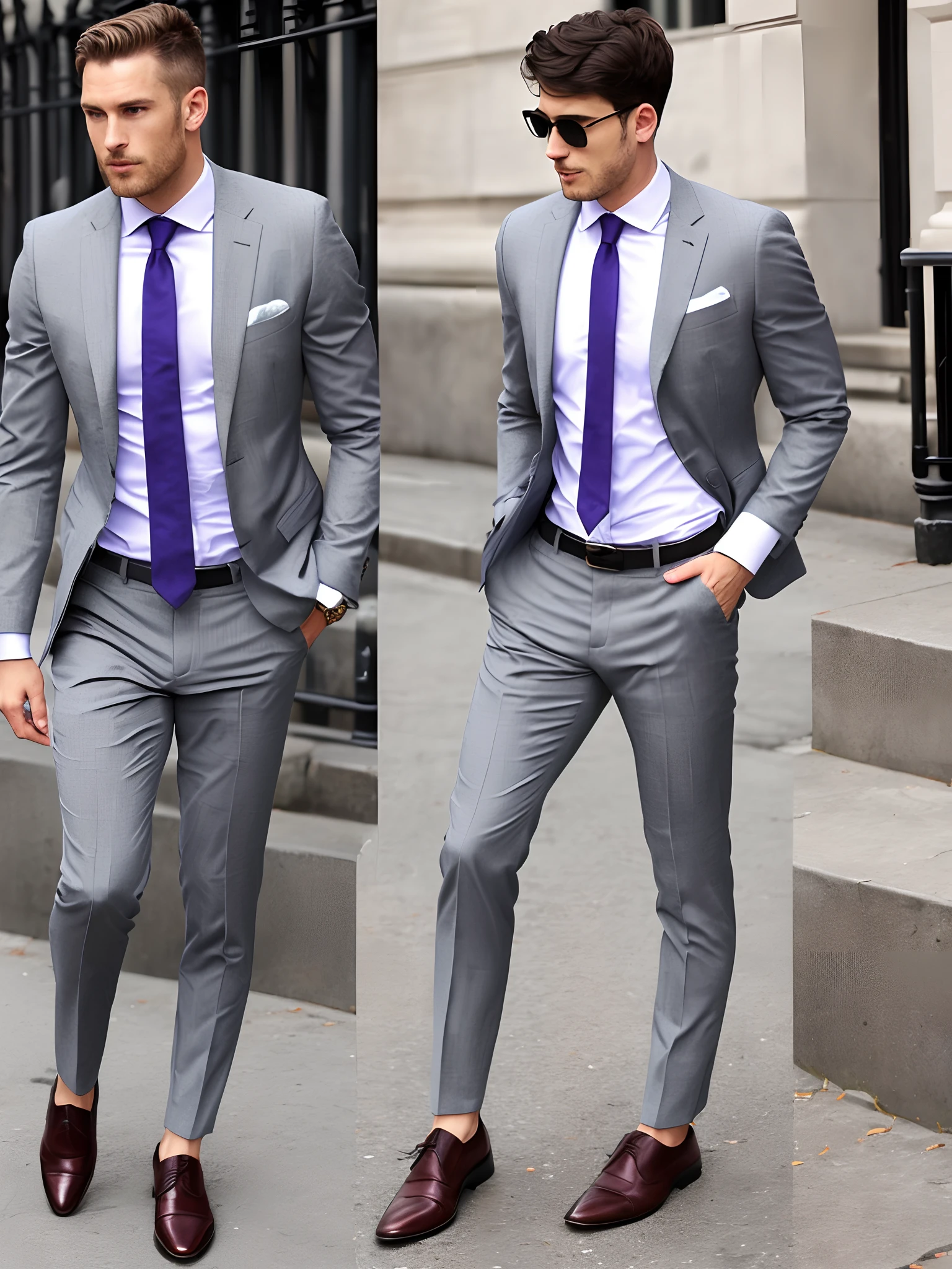 Man wearing purple button shirt, grey tie, grey shoes, grey pants