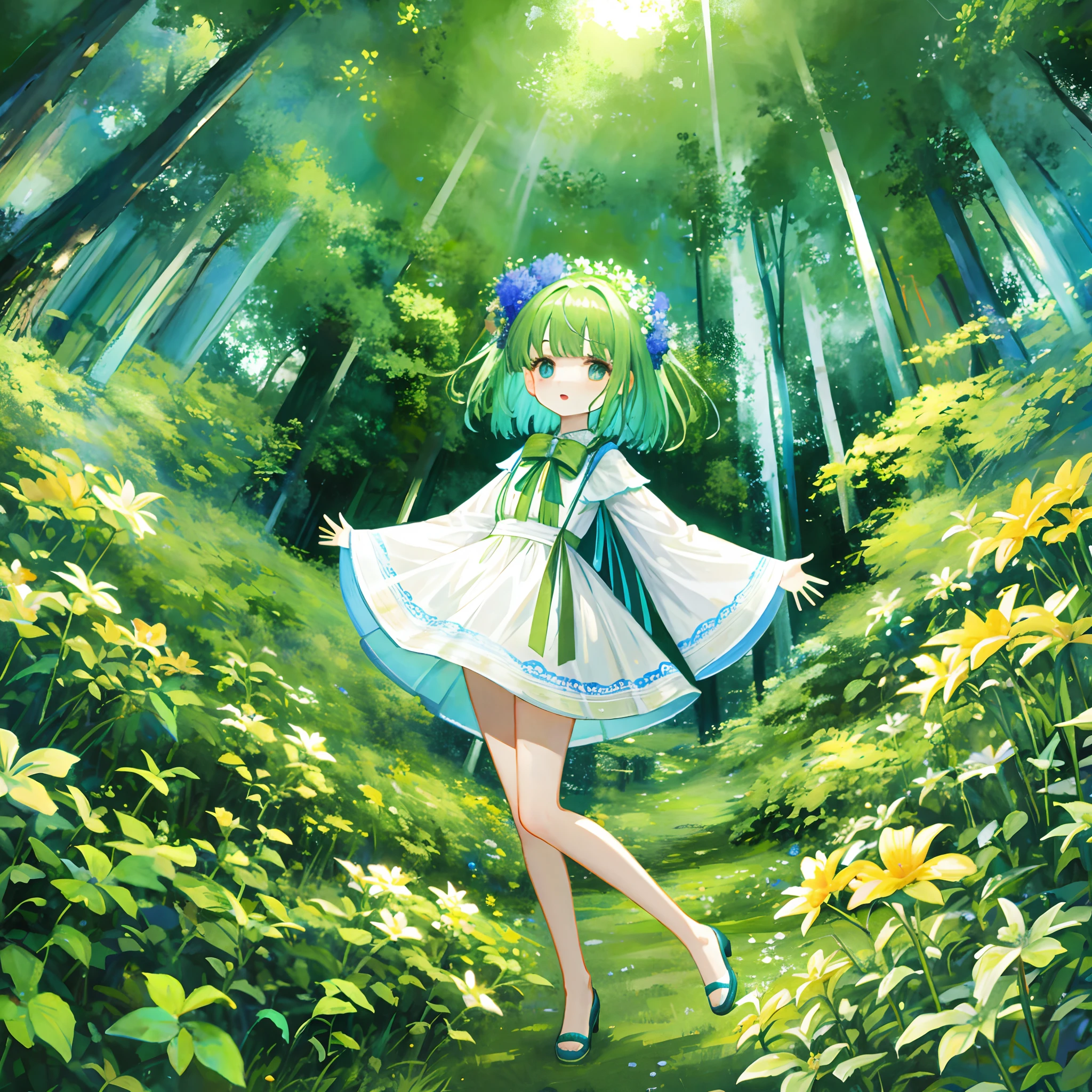 masterpiece、top-quality、Alien Child、Rich in nature、Beautiful forest full of flowers、Unknown Planet、full body Esbian、Dynamic angles、Dynamic Poses、