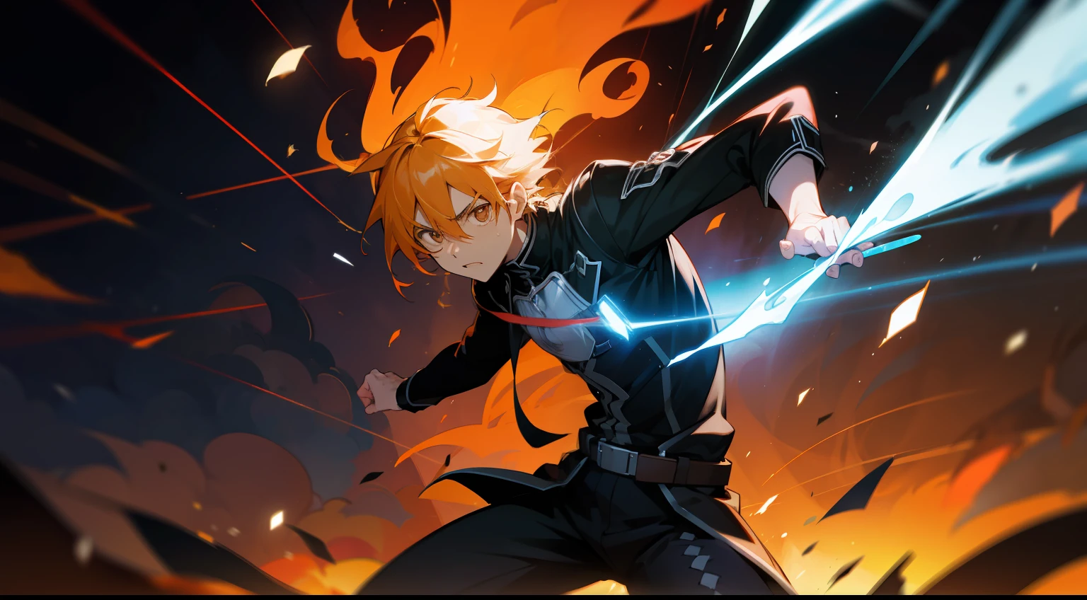 Kirito using his electric powers and speed to elegantly escape a burst of flames amid the chaos, captured through the lens of a 35mm photograph. O momento congela no tempo, highlighting his intensity and determination while maneuvering with delicacy. The color temperature is warm, highlighting the fiery nature of the scene. His focused expression and crackling energy are illuminated by dramatic side lighting, Creating an atmosphere of exciting action. --V 5 --Estilizar 1000