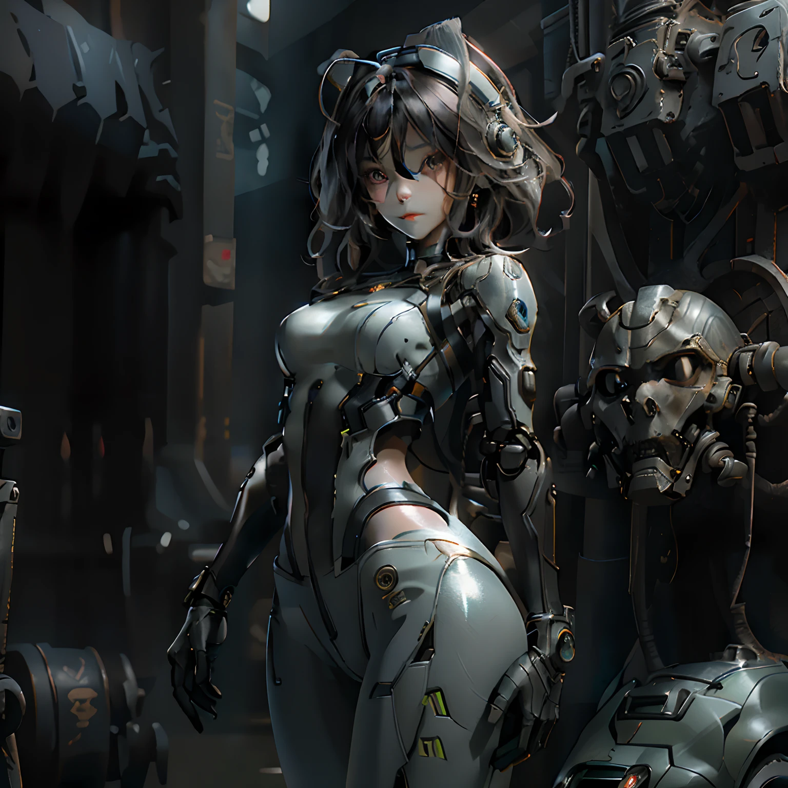 Extremely cute human  girl face，Human torso，Medium-sized human chest，human abdomen，Human buttocks，machine arm，mechanical leg，The arms and legs have a hard flesh-colored shiny shell and black joints，Very pretty and feminine，Very short stature，Petite，small，small，a plump buttocks，medium chest circumference，Pubic Area Showing，Flat-bellied display，Part of the helmet with an antenna is on the ear，black robot joints，very fashion，award-winning product design，Flesh-colored rubber leggings，Shiny flesh-colored metal breastplates open on the chest and abdomen，Flesh-colored metal buttocks，There are folds，Armor has fashion、glowing trims