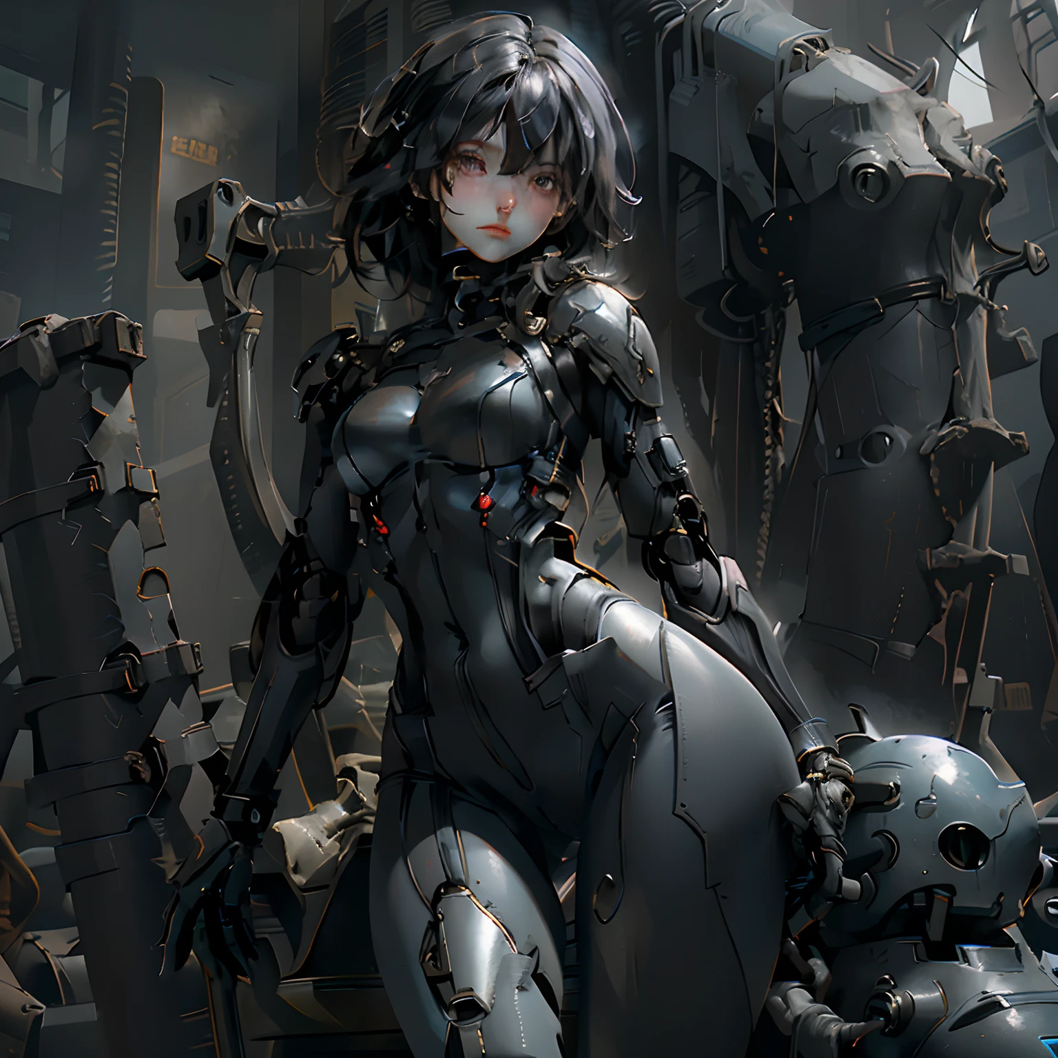 Extremely cute human  girl face，Human torso，Medium-sized human chest，human abdomen，Human buttocks，machine arm，mechanical leg，The arms and legs have a hard flesh-colored shiny shell and black joints，Very pretty and feminine，Very short stature，Petite，small，small，a plump buttocks，medium chest circumference，Pubic Area Showing，Flat-bellied display，Part of the helmet with an antenna is on the ear，black robot joints，very fashion，award-winning product design，Flesh-colored rubber leggings，Shiny flesh-colored metal breastplates open on the chest and abdomen，Flesh-colored metal buttocks，There are folds，Armor has fashion、glowing trims